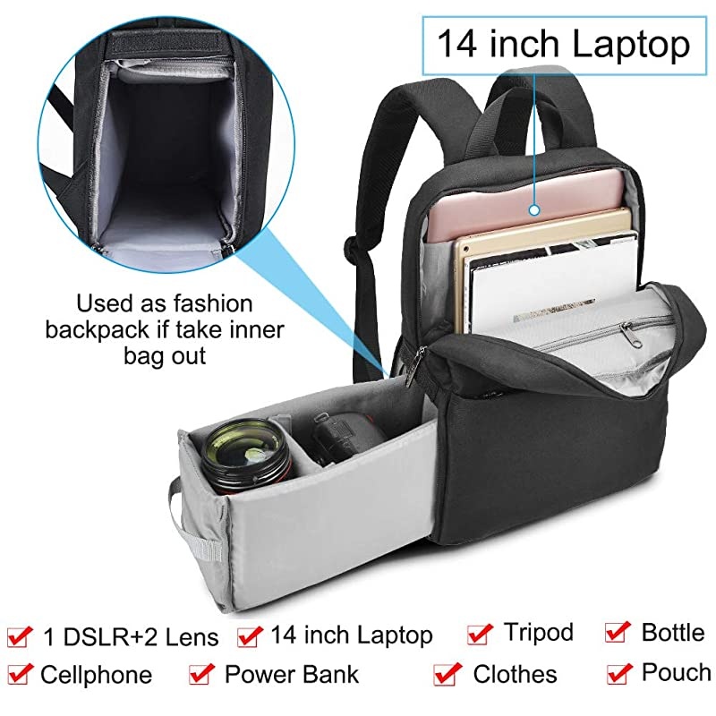 Camera Bag Backpack w14 Laptop Compartment Waterproof Camera Case for DSLR Mirrorless SLR Cameras Compatible for Sony Canon Nikon Camera and Lens Tripod Accessories Black