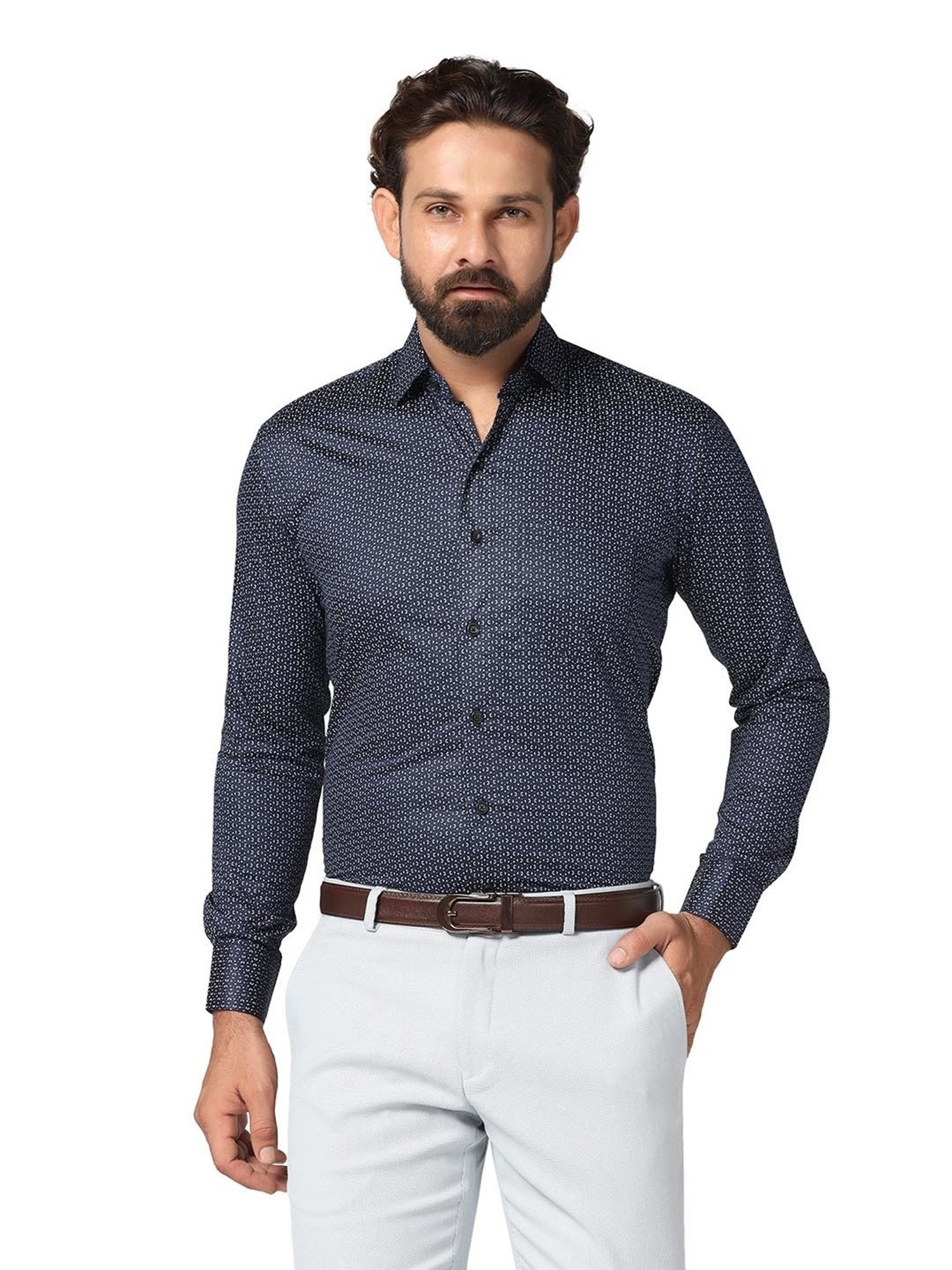 TAHVO Navy Slim Fit Printed Shirt