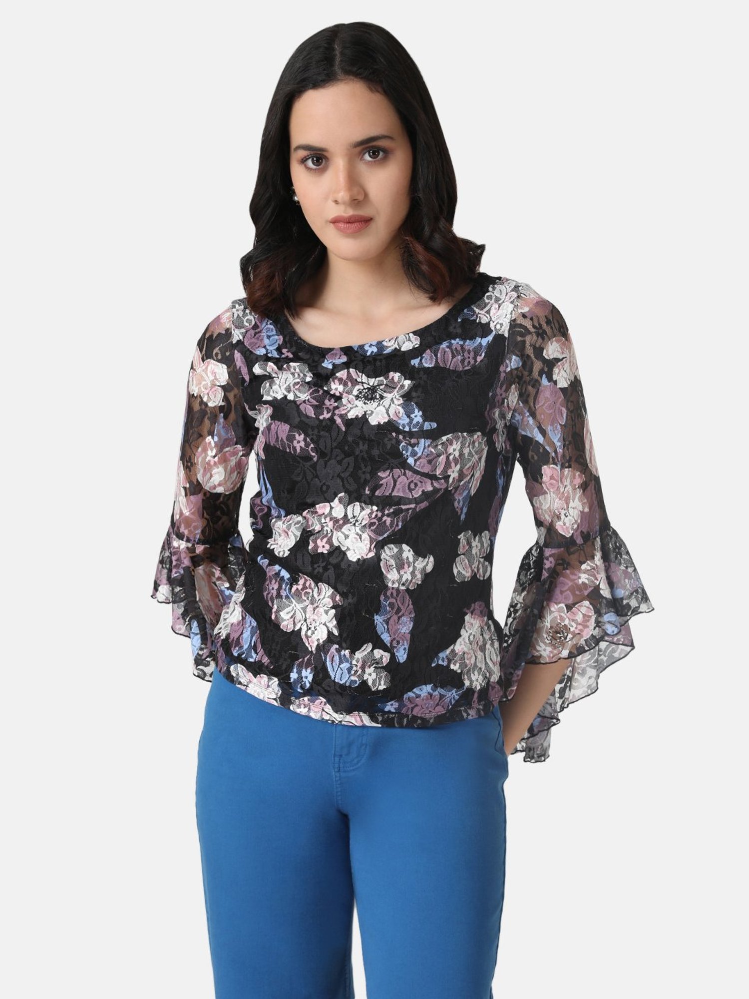 Kazo Printed Lace Top With Bell Sleeves