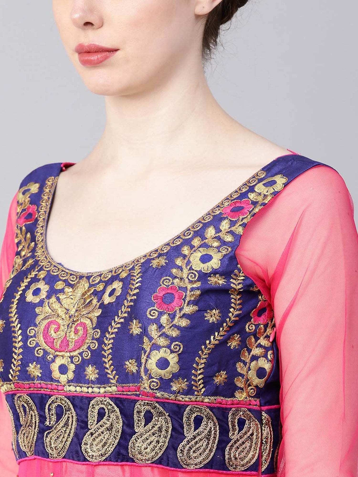 Chhabra 555 Pink & Blue Embroidered Made-To-Measure Kurti Churidar Set With Dupatta