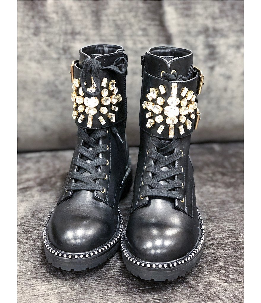 Kurt Geiger London Stoop Brooch & Buckle Embellished Leather Combat Boots