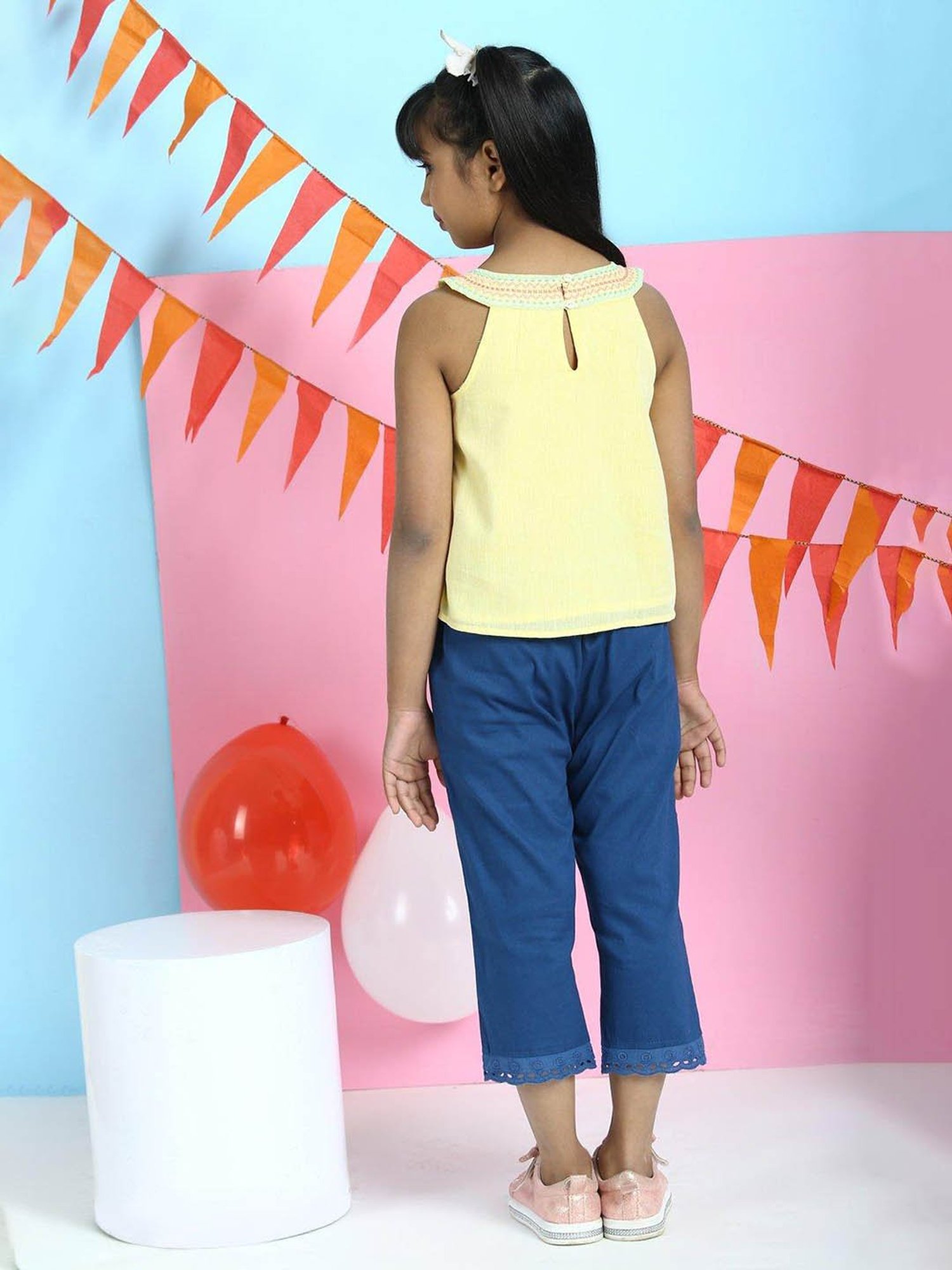 BIBA Girls Yellow Embroidered Top