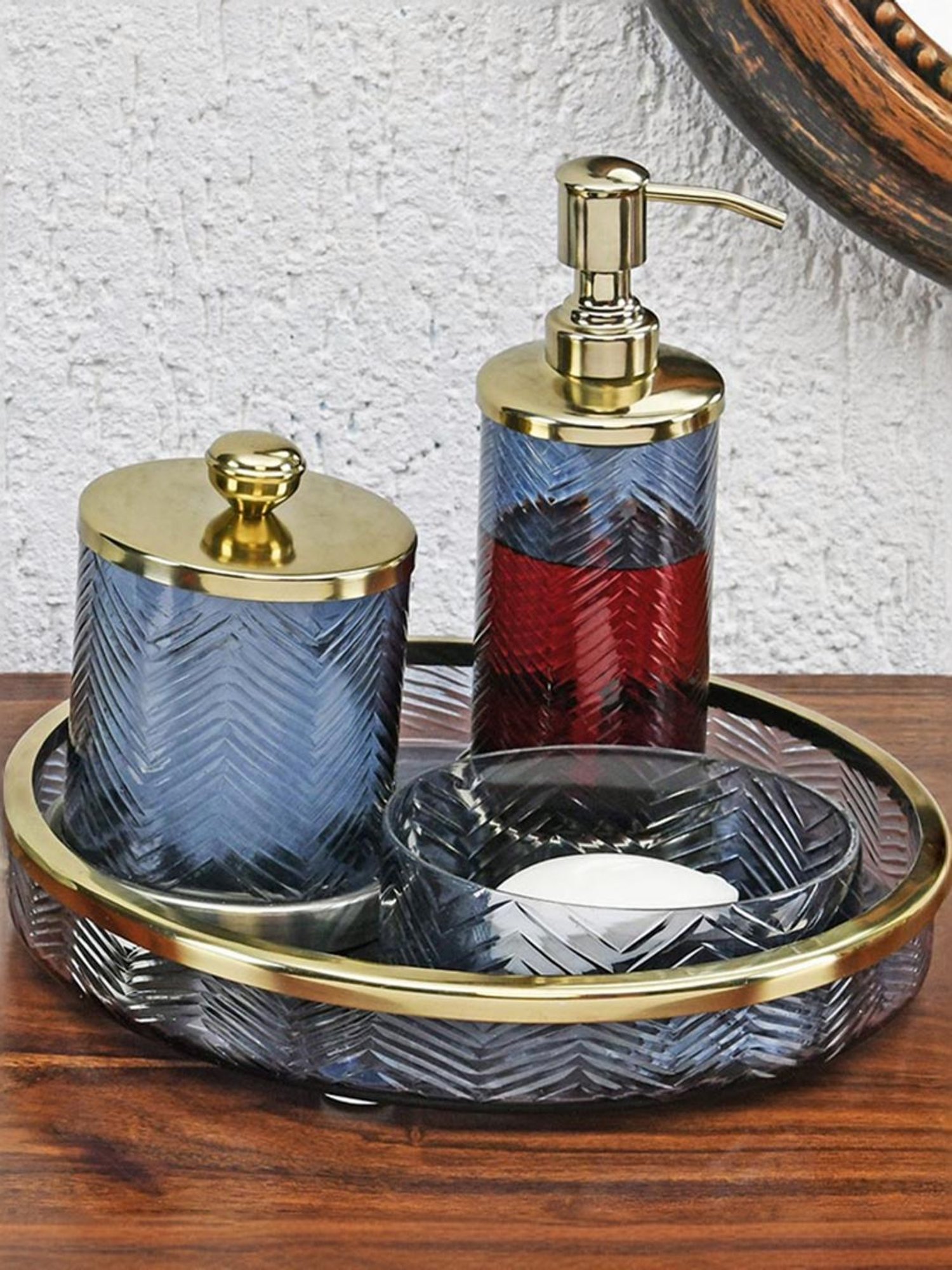 @Home Blue & Gold Glass Transparent Bathroom Accessories Tray