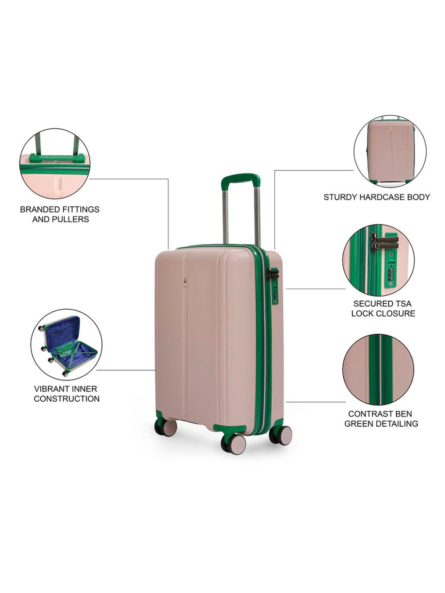 United Colors of Benetton Emerald Pink Textured Hard Cabin Trolley Bag - 55.5 Cm