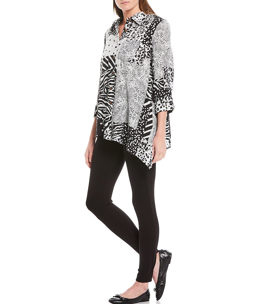 Multiples Mixed Print Crinkle Woven 3/4 Sleeve Button Front Asymmetrical Hem Shirt