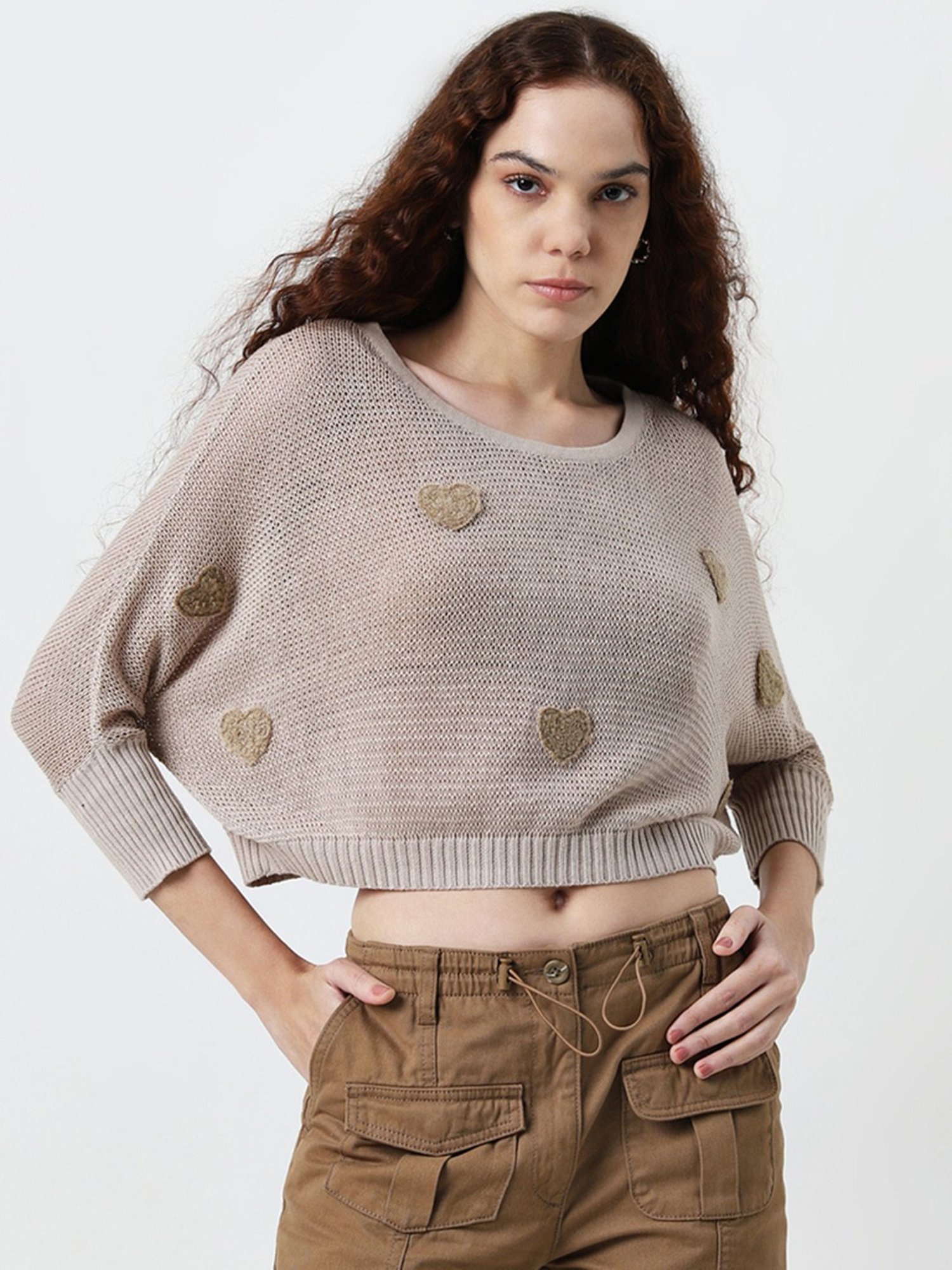 Nuon by Westside Beige Heart Embroidered Knitted Cotton Sweater