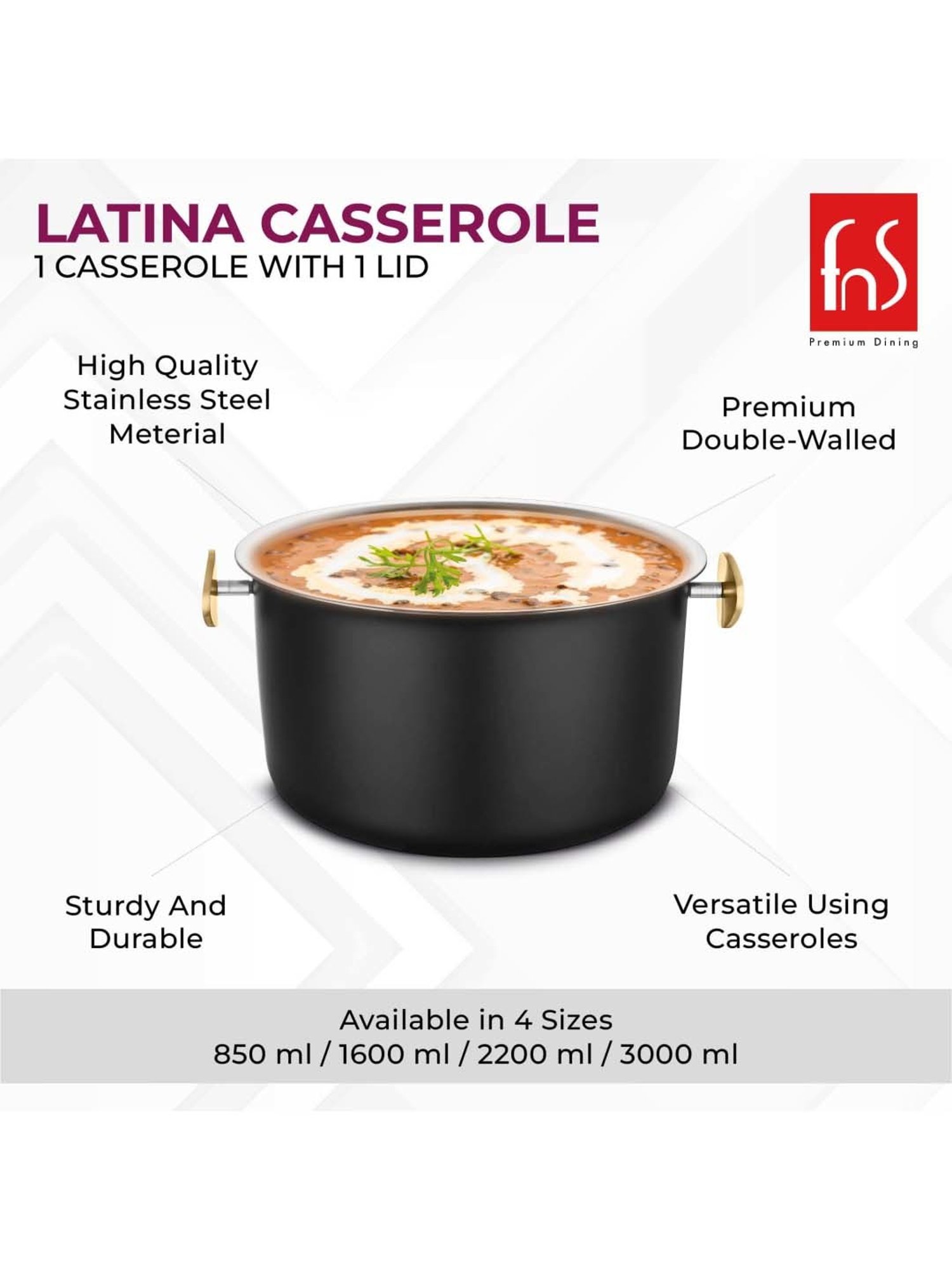 FnS Latina Black Stainless Steel Casserole With Lid (2.2 L)