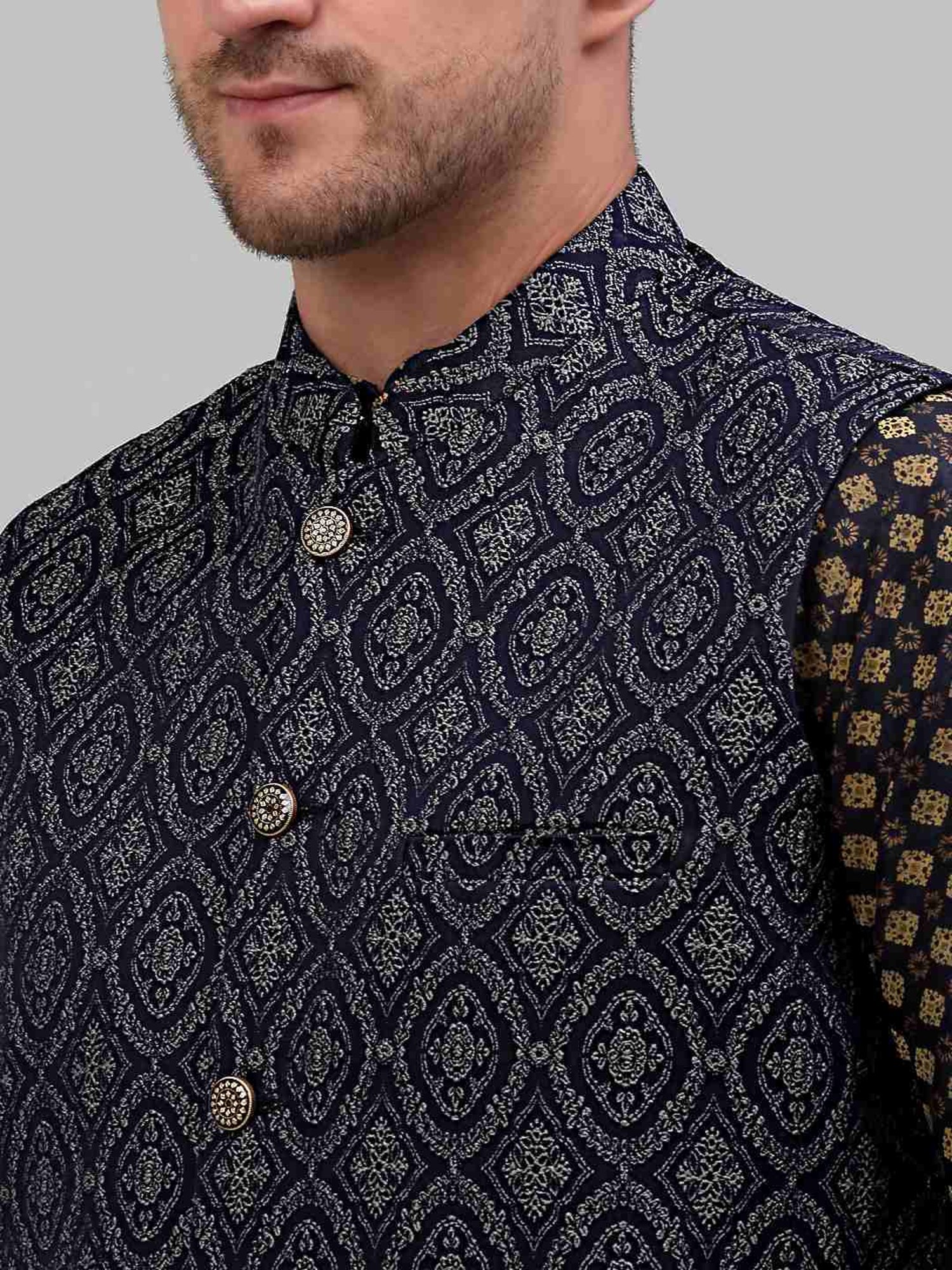 Jompers Silver Regular Fit Self Pattern Nehru Jacket