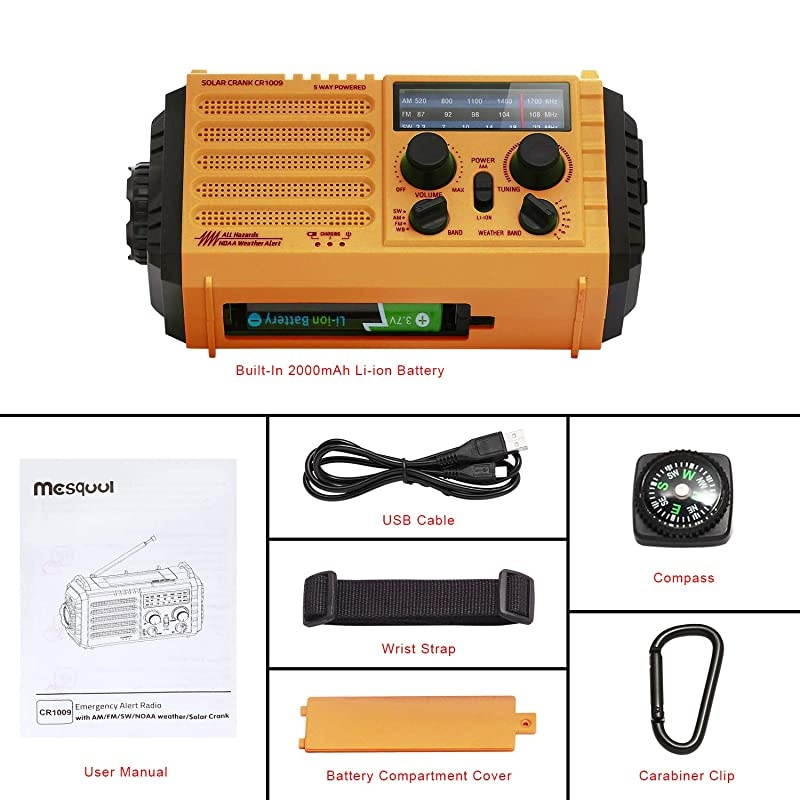 Powered Solar Hand Crank NOAA Weather Alert RadioAMFM Shortwave Survival Portable Outdoor Emergency Radio2000mAh Rechargeable Battery Cellphone USB ChargerLED Camping FlashlightSOSampCompass