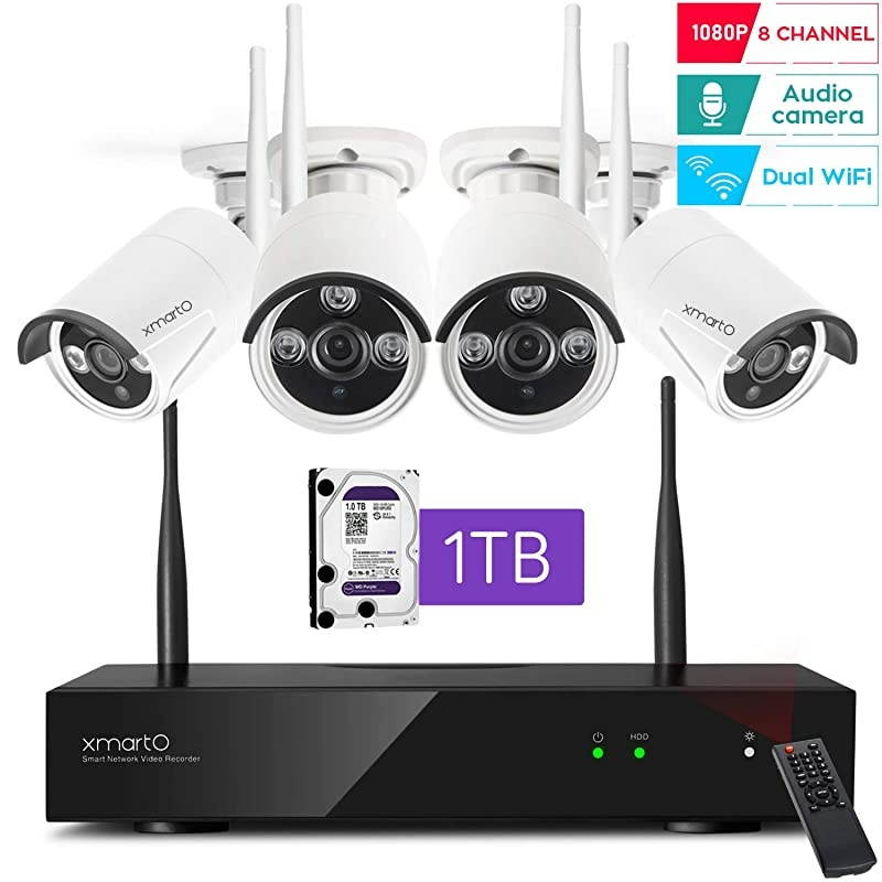 Dual WiFi 3MP Audio Camera]  Home Security Camera System Wireless with 4X 3MP Wireless Cameras Outdoor for Home and Business Surveillance (Dual WiFi in NVR, 1TB Hard Disk Version), WRS2084-1TB