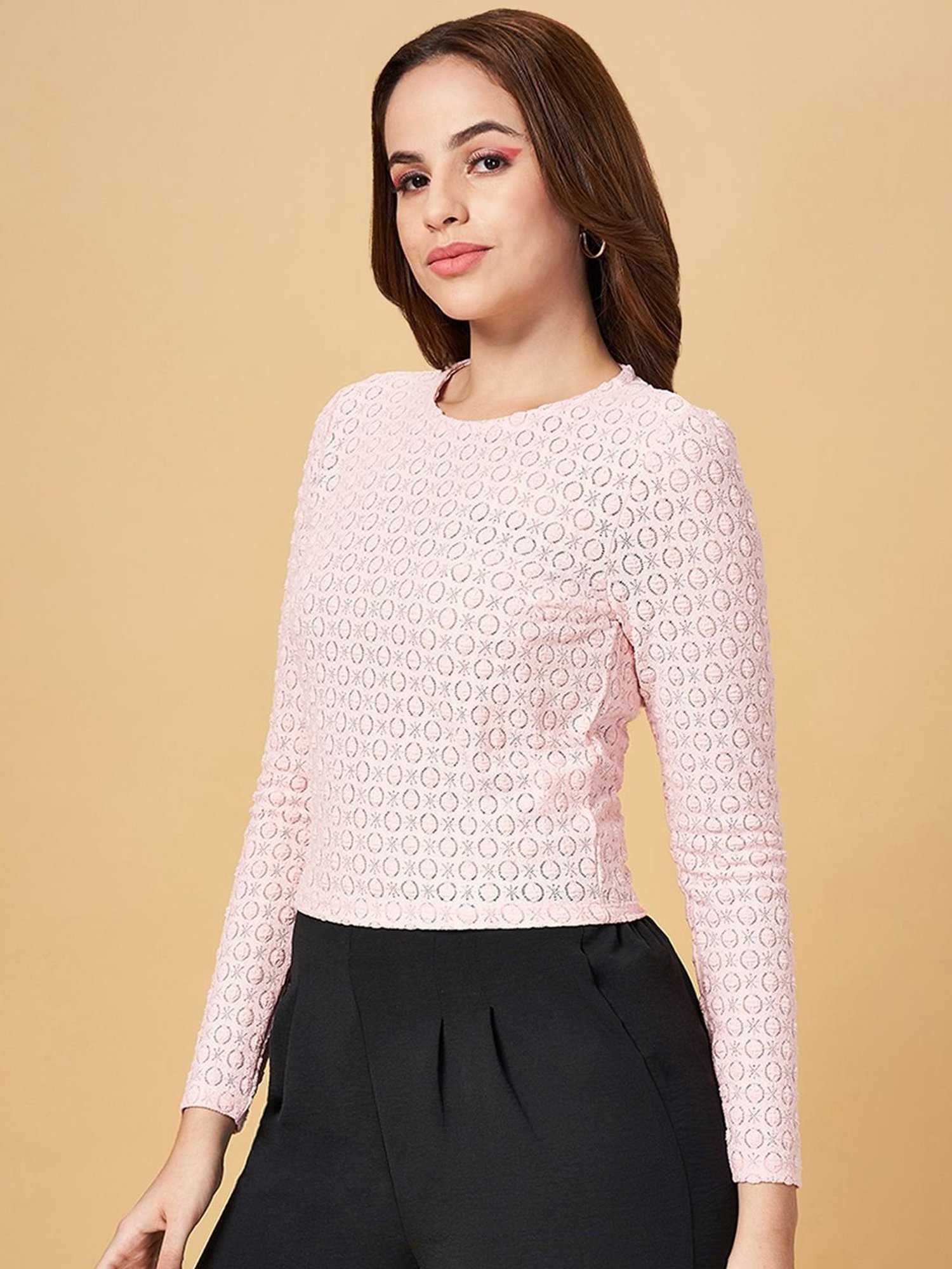 People by Pantaloons Pink Self Pattern Top