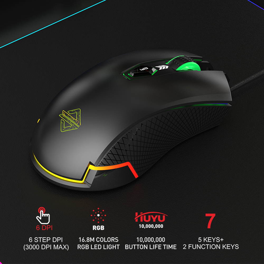 RGB Gaming Mouse, 3000 DPI 6 Programmable Buttons,  7 Keys Ergonomic RGB Backlight, Ergonomic Computer Mouse for Office Games and Daily Use, Black