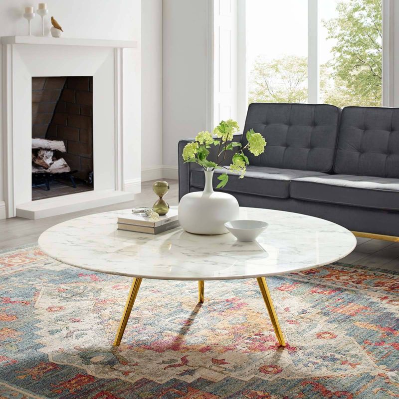 47" Lippa Round Artificial Marble Coffee Table with Tripod Base Gold/White - Modway
