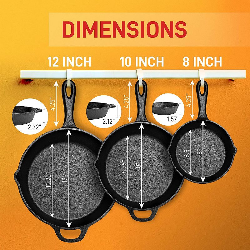 NutriChef Heavy Duty Non Stick Pre Seasoned Cast Iron Skillet Frying Pan 3 Piece Set, 8 Inch 10 Inch 12 Inch Pans with Silicone Handles