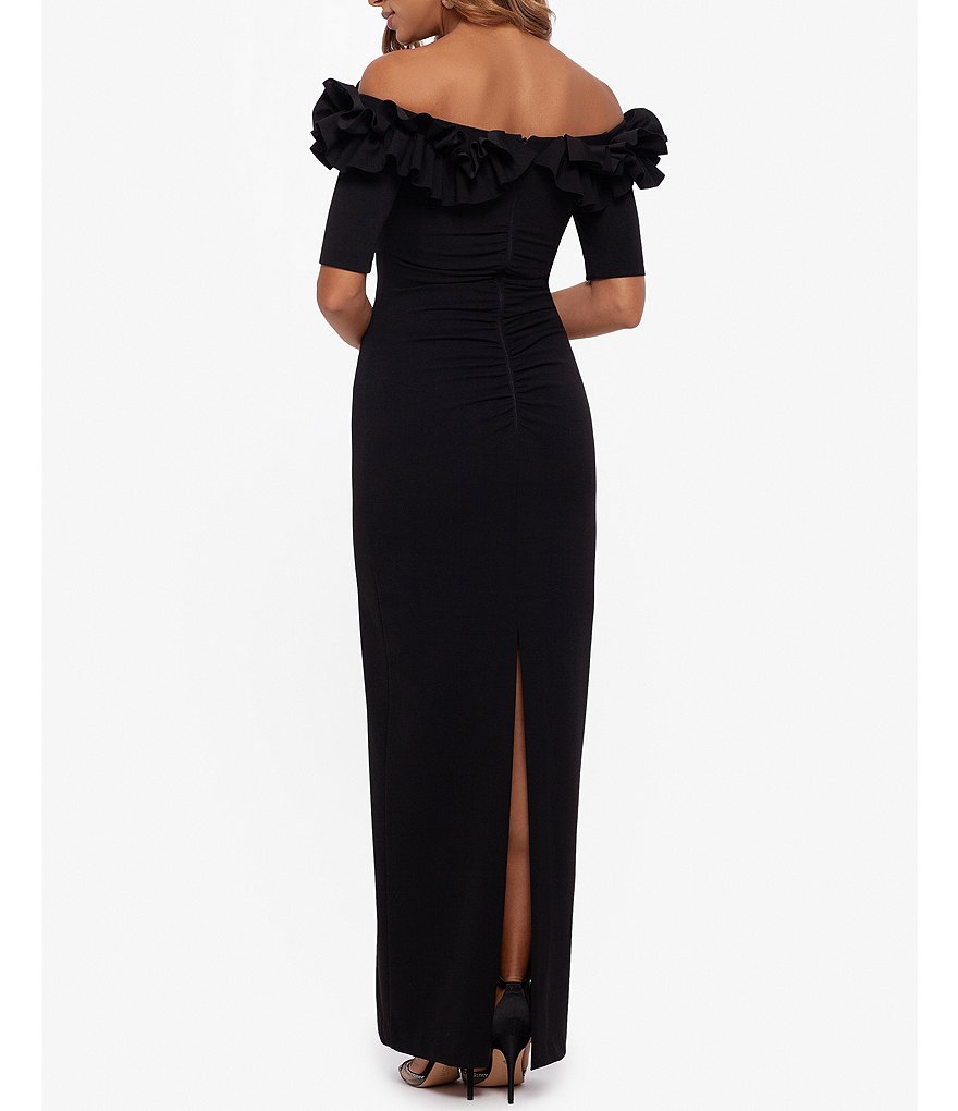 Xscape Ruffle Off-the-Shoulder Column Back Slit Crepe Gown