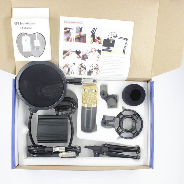 BM800 Condenser Microphone Cardioid Pro Audio Studio Vocal Recording Mic + 48V Phantom Power +Desk Stand +USB sound Adapter