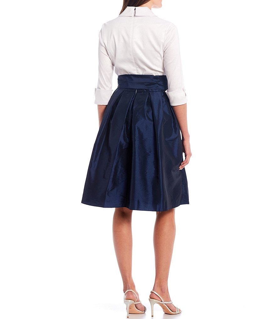 Jessica Howard V-Neck 3/4 Sleeve Collared Pleat Tie Front Dress