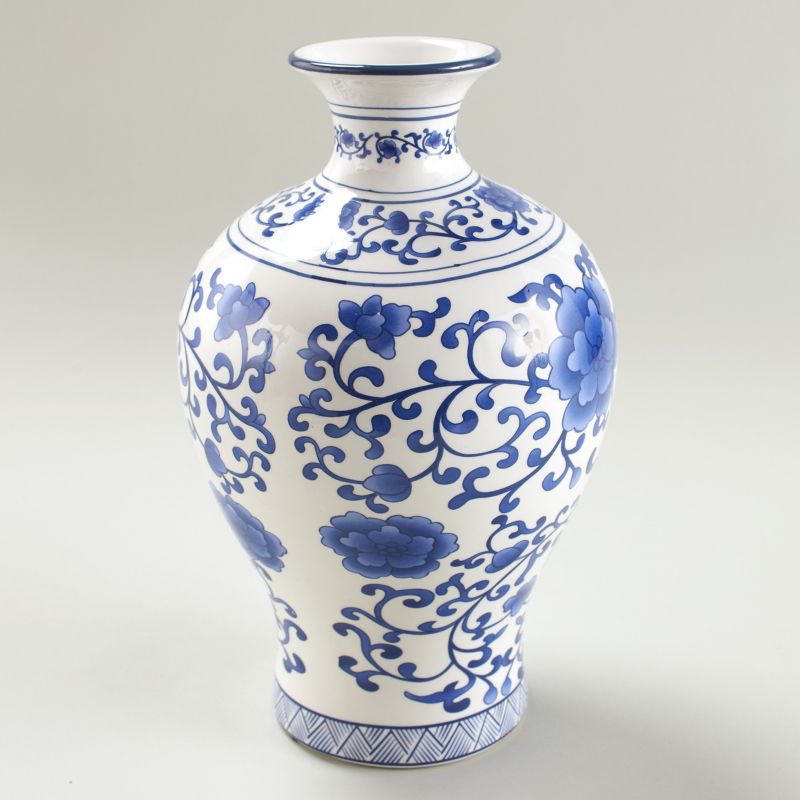 Lakeside Blue and White Ceramic Decorative Vase with Floral Aesthetic