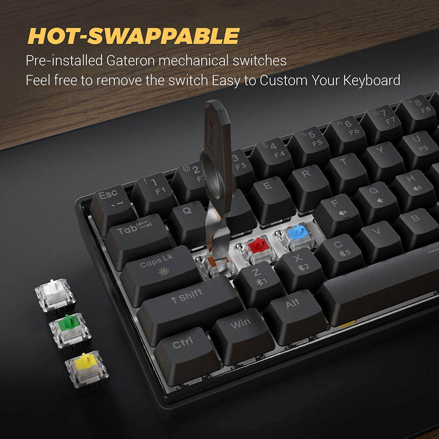KEMOVE 61 Shadow hot swappable Bluetooth 5.1 Wireless/Wired 60% RGB Mechanical Gaming Keyboard, PBT Keycap, Full Keys Programmable for Win/Mac - Black (Gateron White Mechanical Switch)