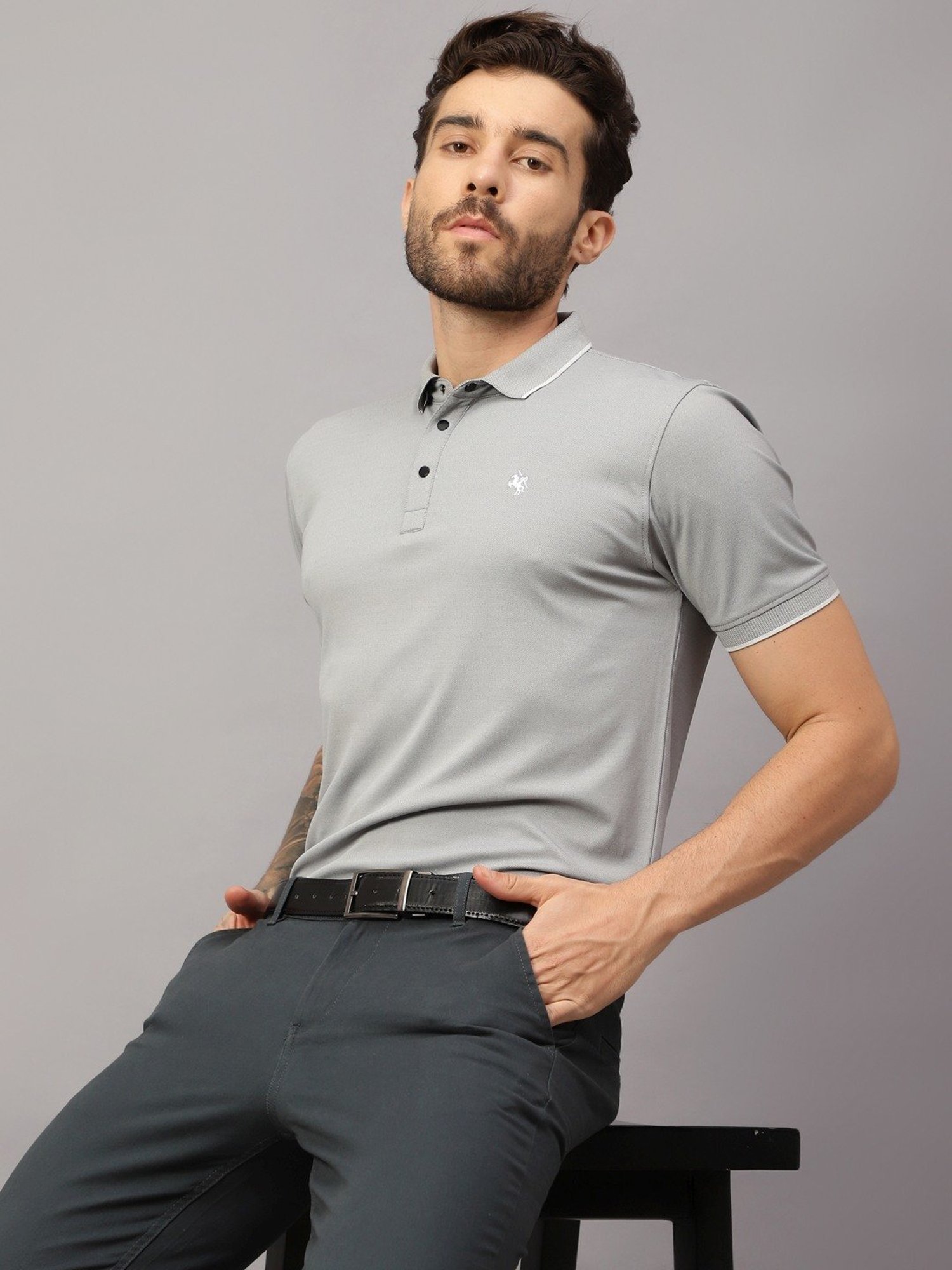 Cantabil Grey Regular Fit Texture Polo T-Shirt