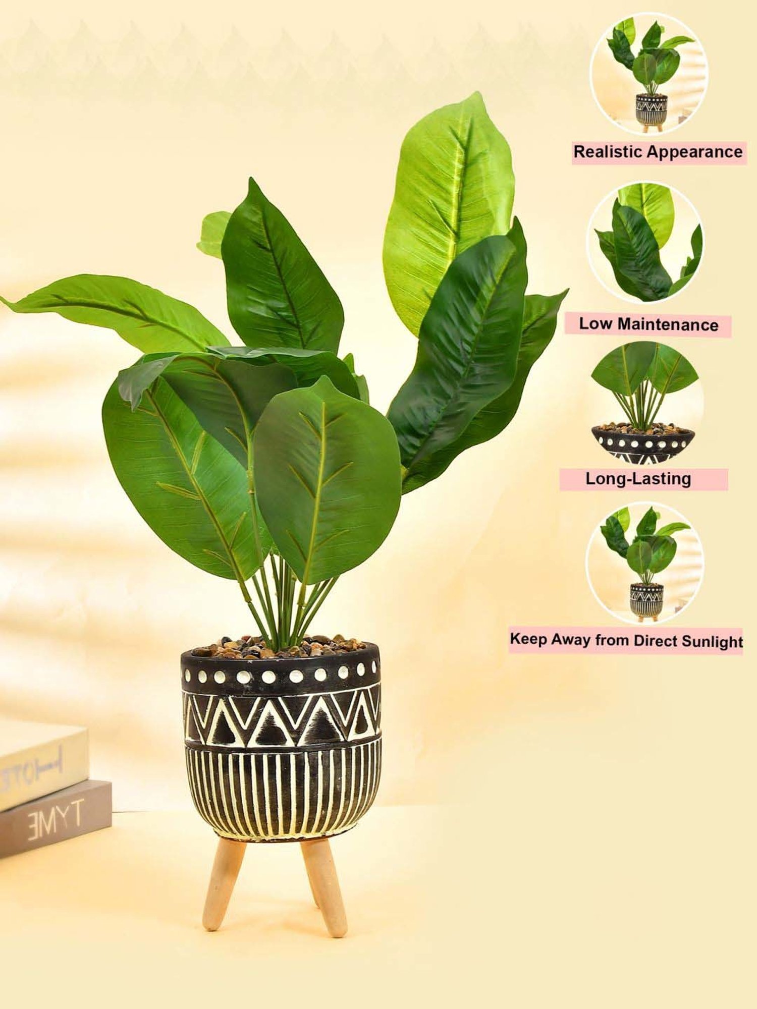 Tayhaa Black & Green Ceramic Faux Leaf Plant With Tribal Planter