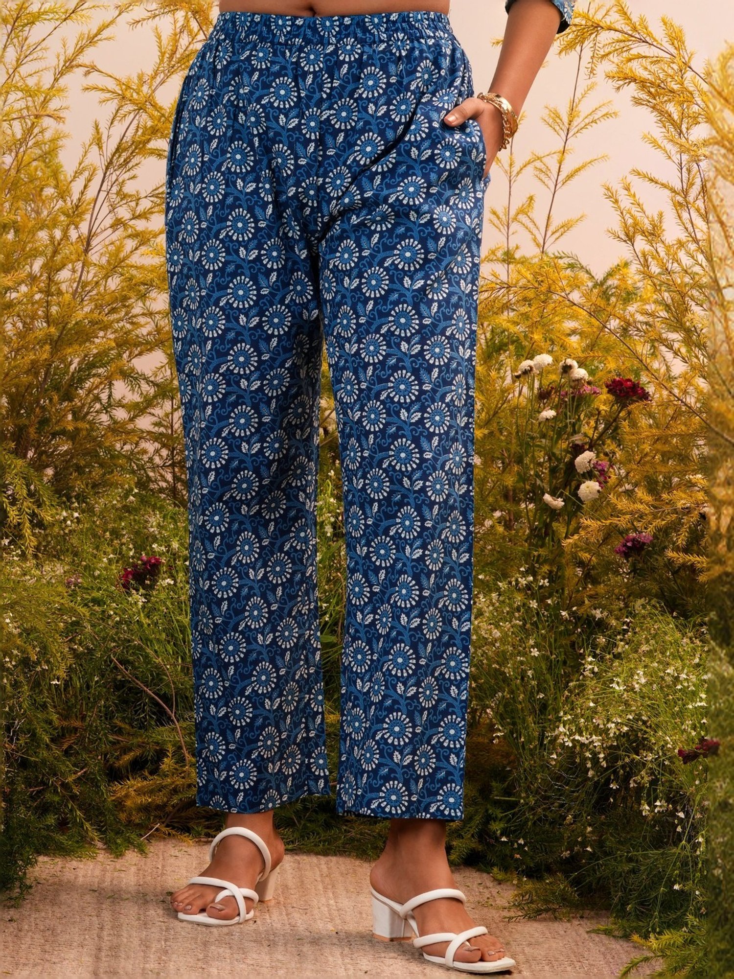 Libas Blue Cotton Printed Kurta Pant Set