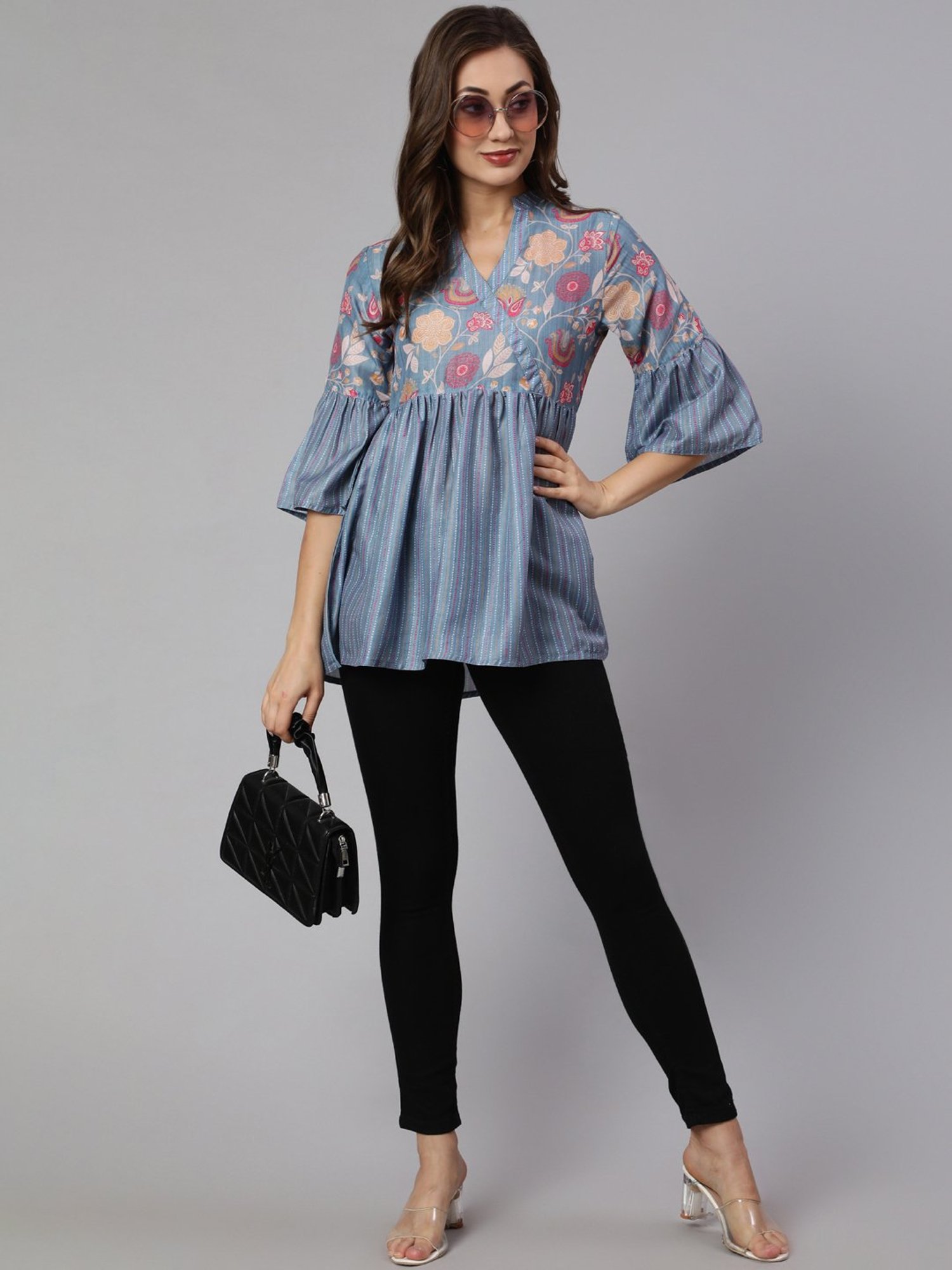 Jaipur Kurti Grey Floral Peplum Top