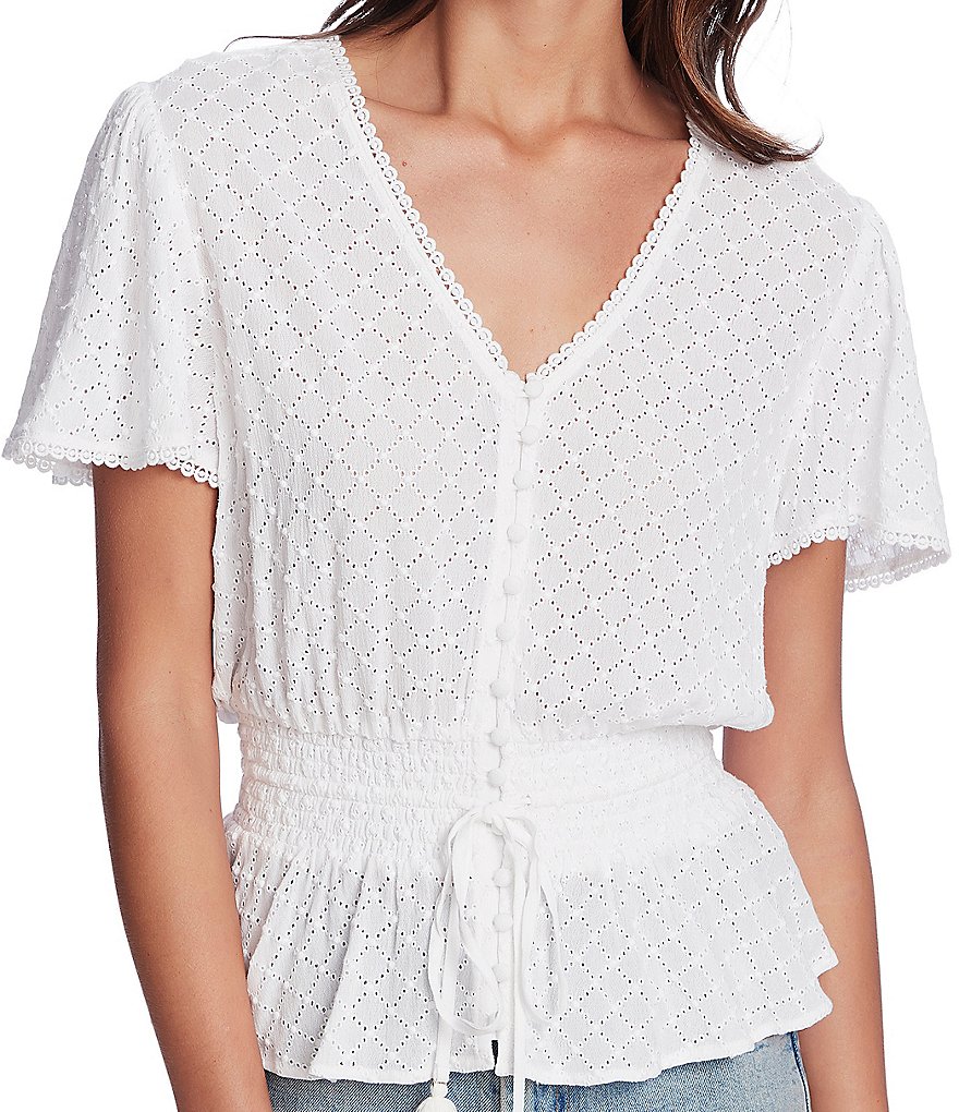 1. STATE Button Front Embroidered Gauze Top