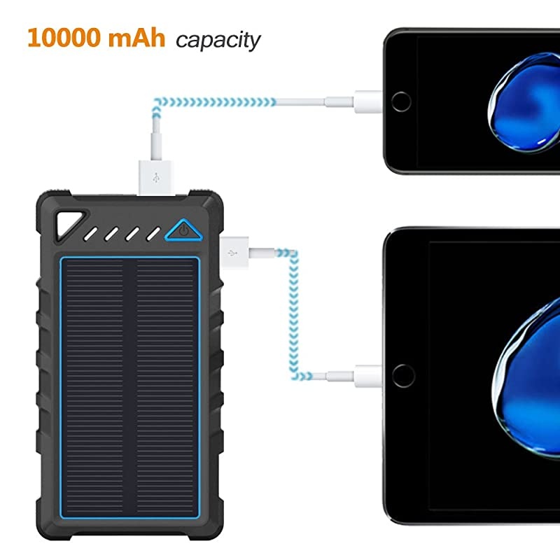 Portable Solar Charger  10000mAh UltraCompact External Batteries with Dual USB Ports Solar Power Bank with Flashlight for Camping Outdoor Activities