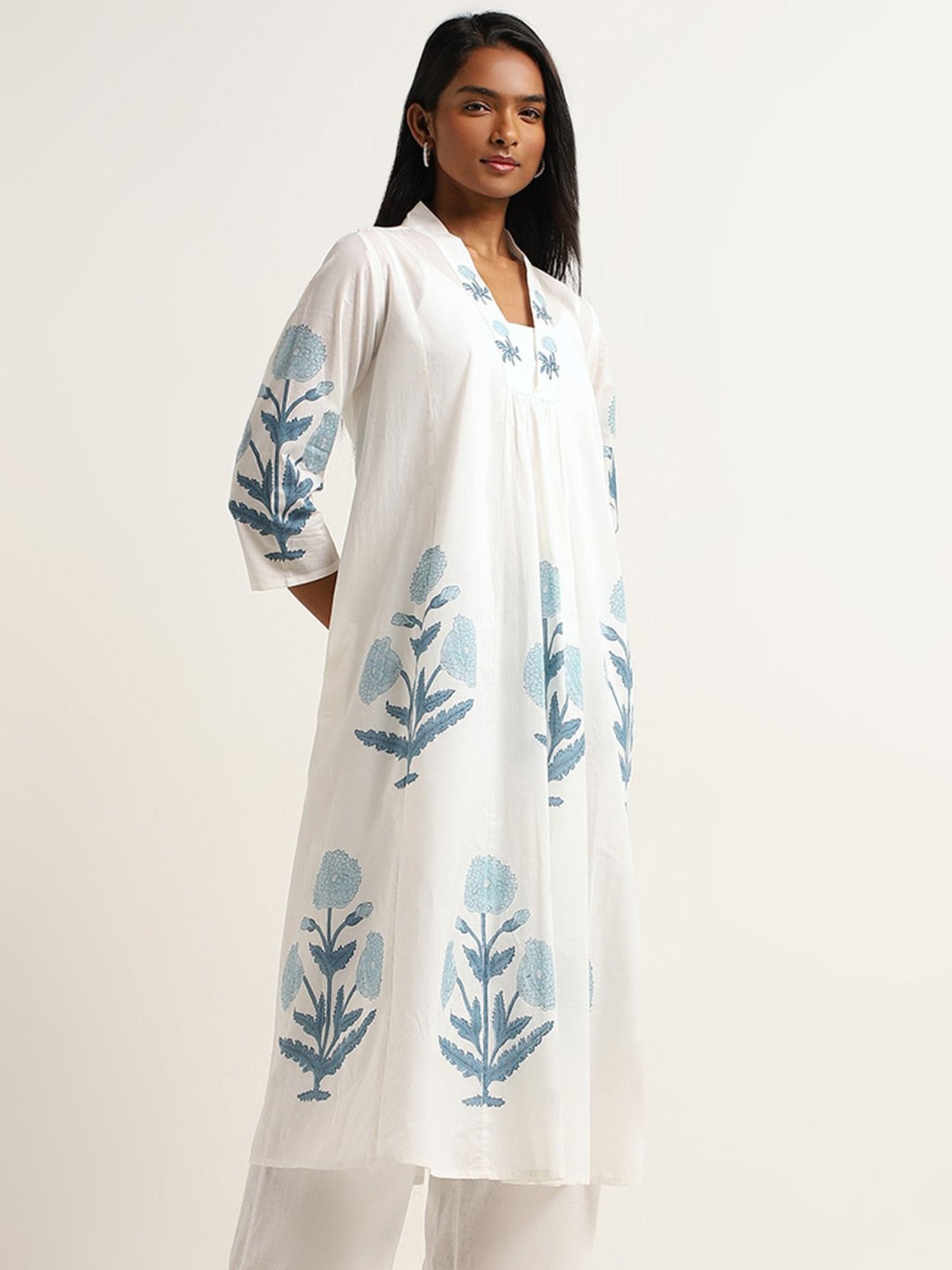Utsa by Westside Blue Floral Cotton A-Line Kurta