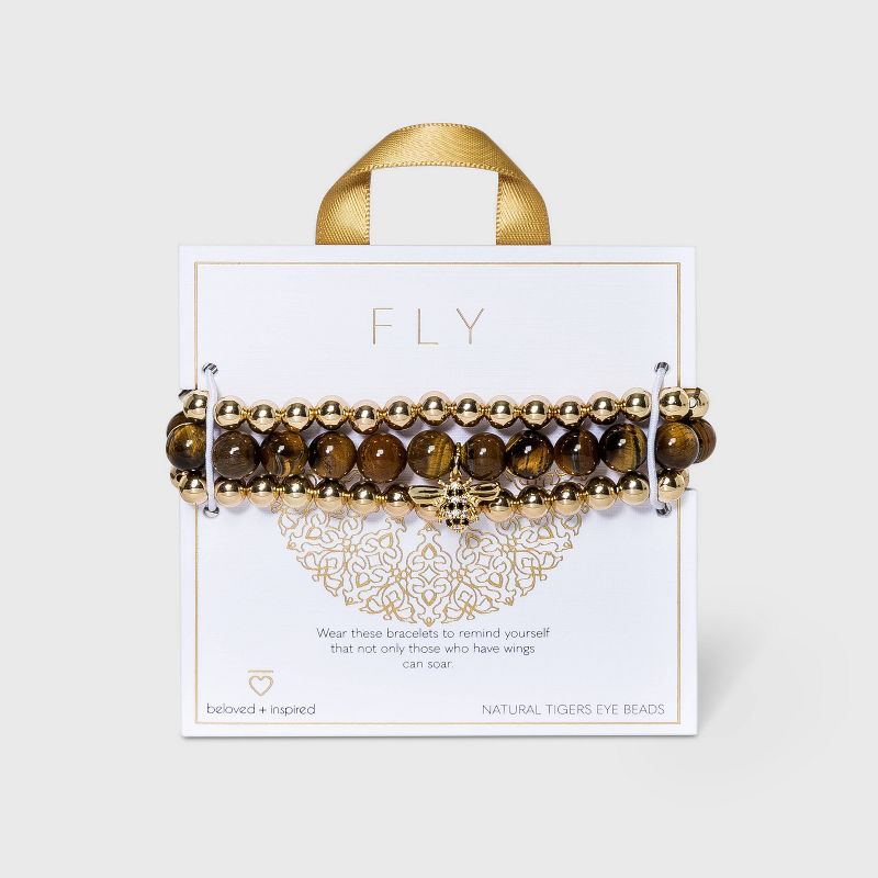 Beloved + Inspired Gold Tiger Eye with Bee Charm Trio Stretch Beaded Bracelet  Set - Brown