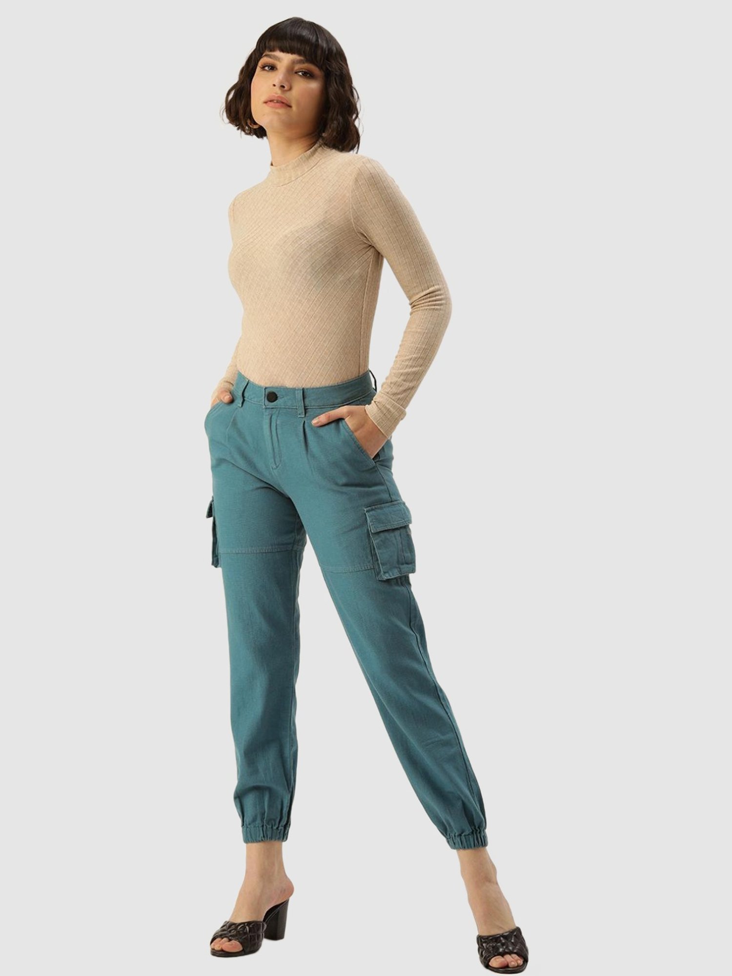 IVOC Teal Cotton Regular Fit Mid Rise Joggers