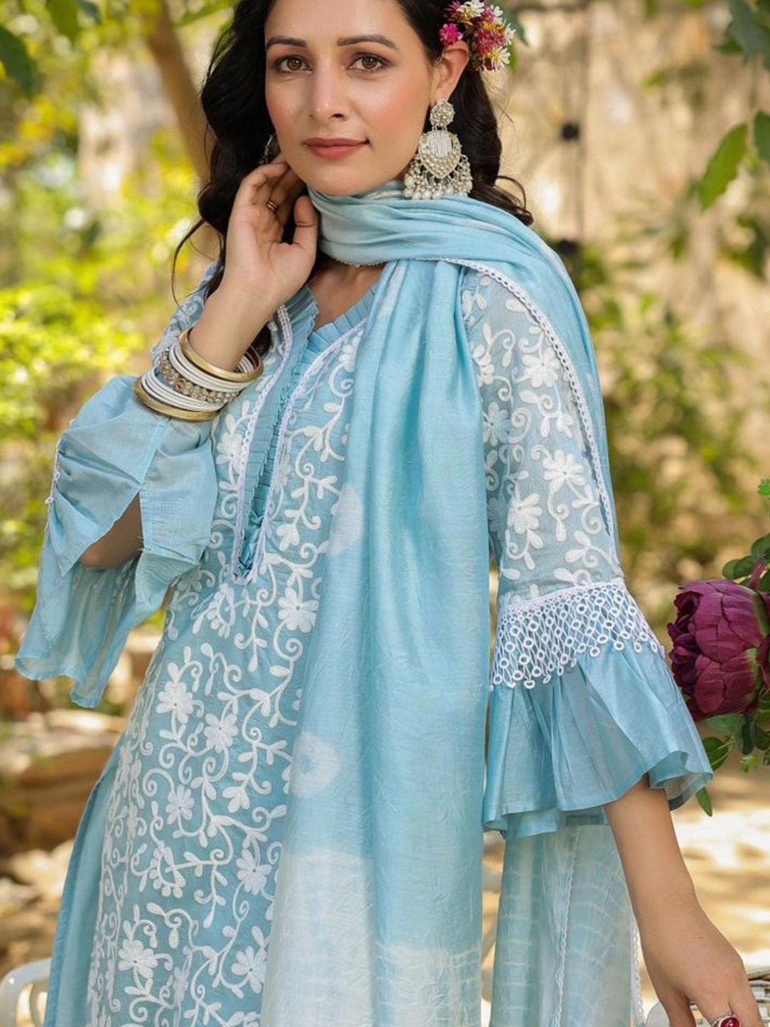 Autumnlane Blue Jeena Sky Embroidered Cotton Kurta with Pant and Dupatta