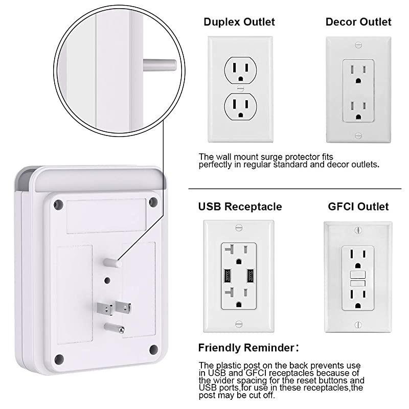 Multi Wall Outlet Adapter Surge Protector 1680 Joules with 4USB Ports Wall Charger Wall Mount Charging Center 3 Outlet Wall Mount Adapter for Home School Office ETL Certified