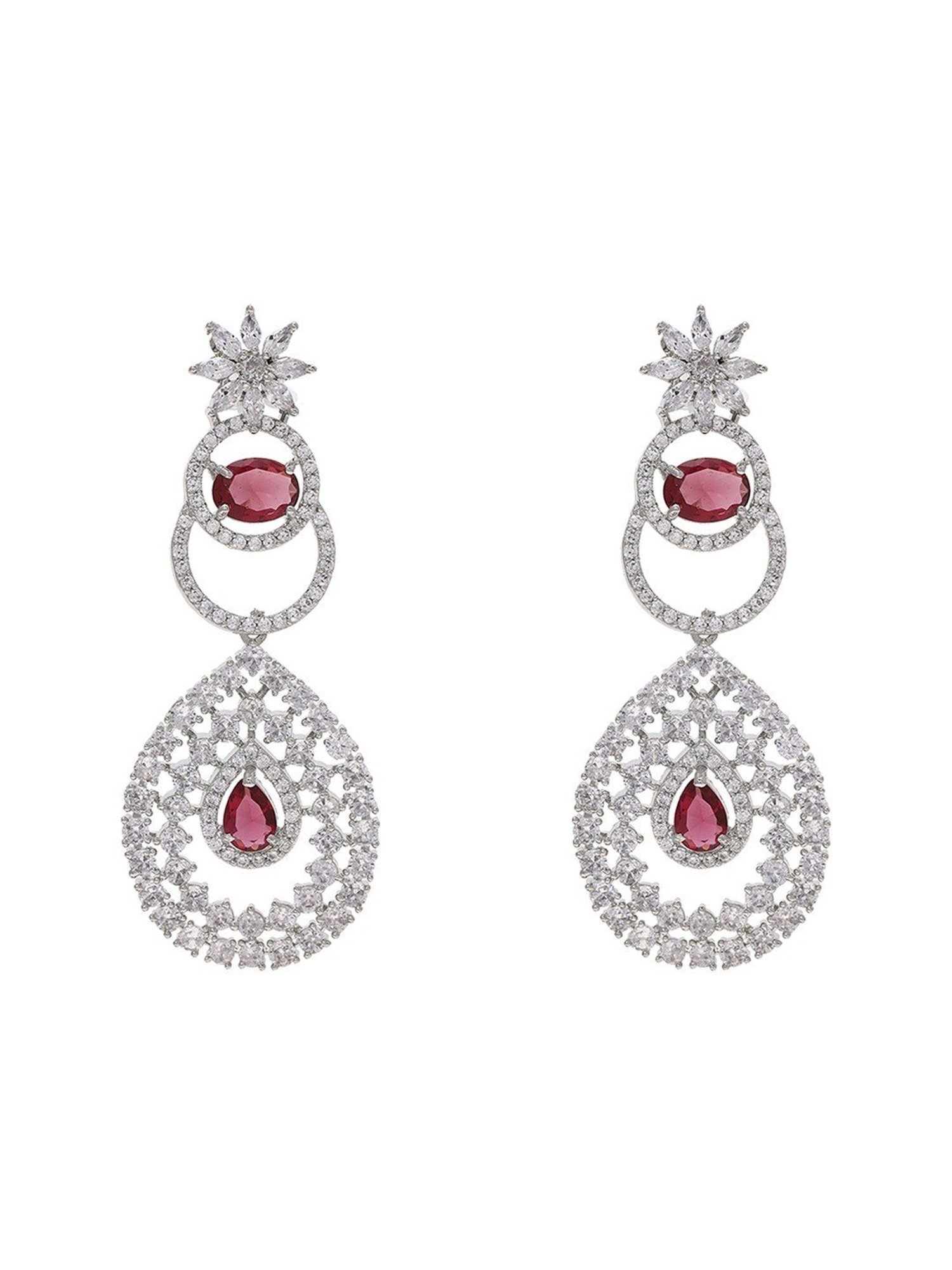 Priyaasi Silver-Plated American Diamond and Ruby Stones Style Dangler Earrings