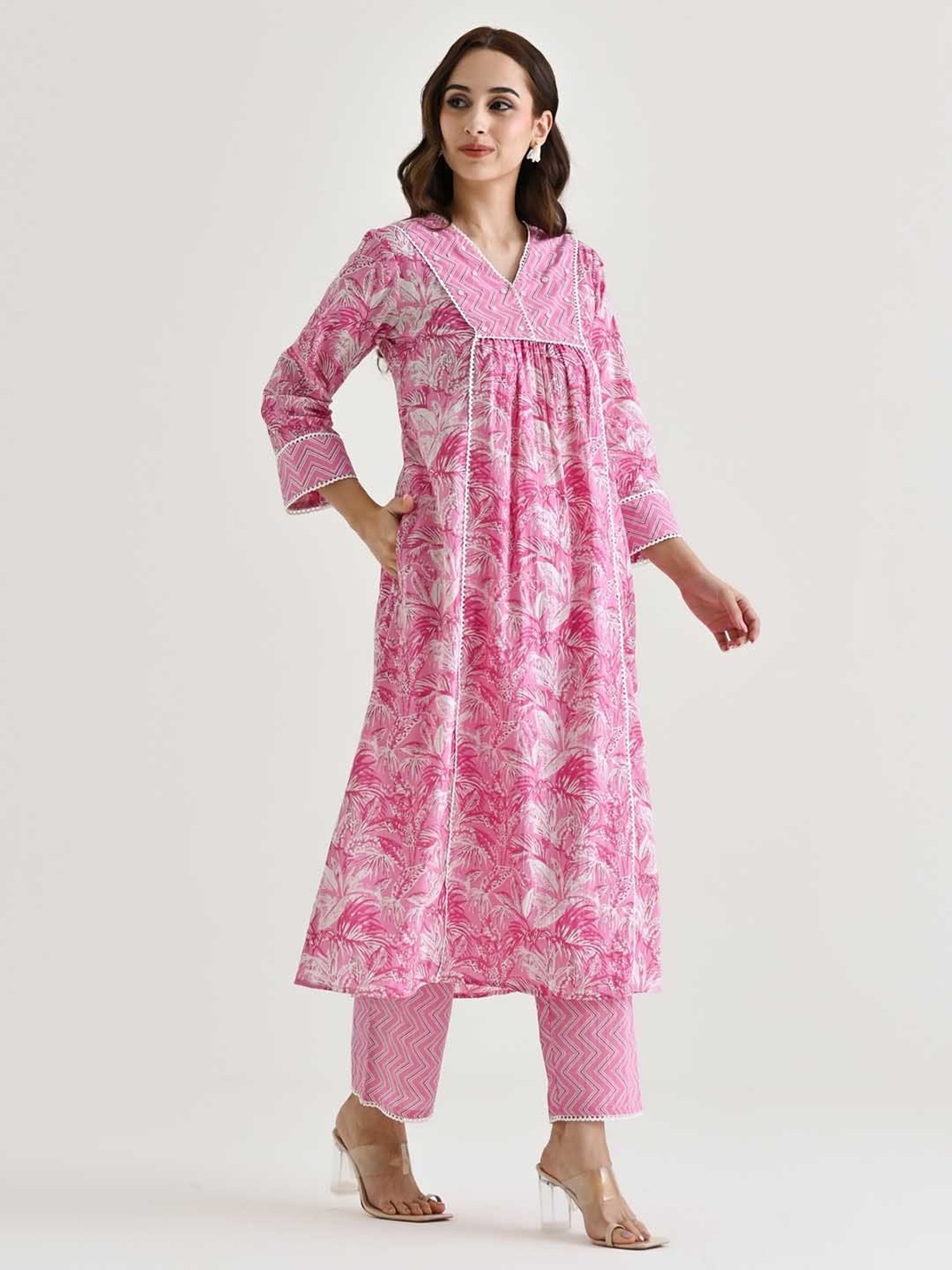 Rustorange Pink Printed A Line Kurta