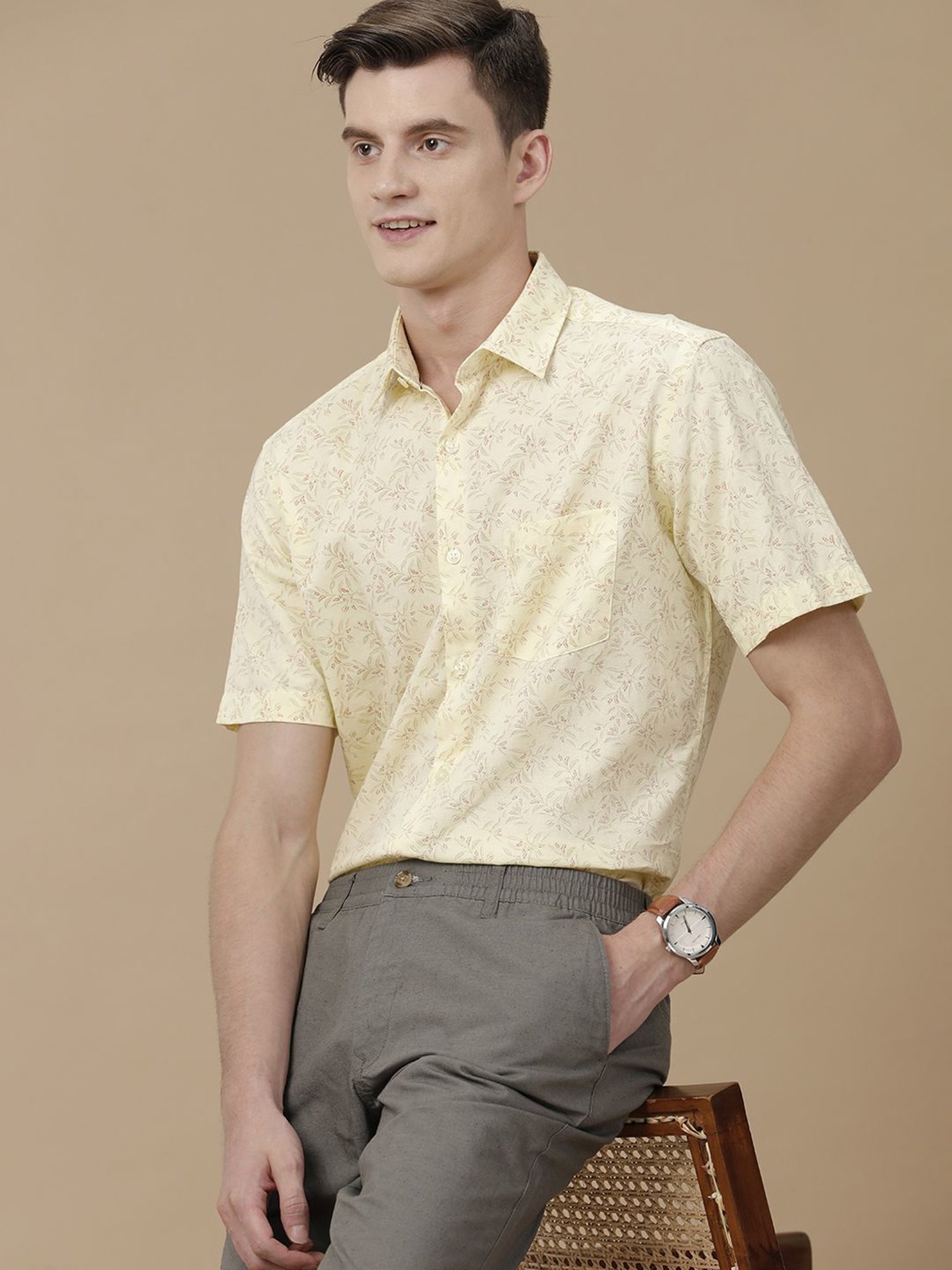 Cavallo By Linen Club Yellow Linen Contemporary Fit Printed Shirt