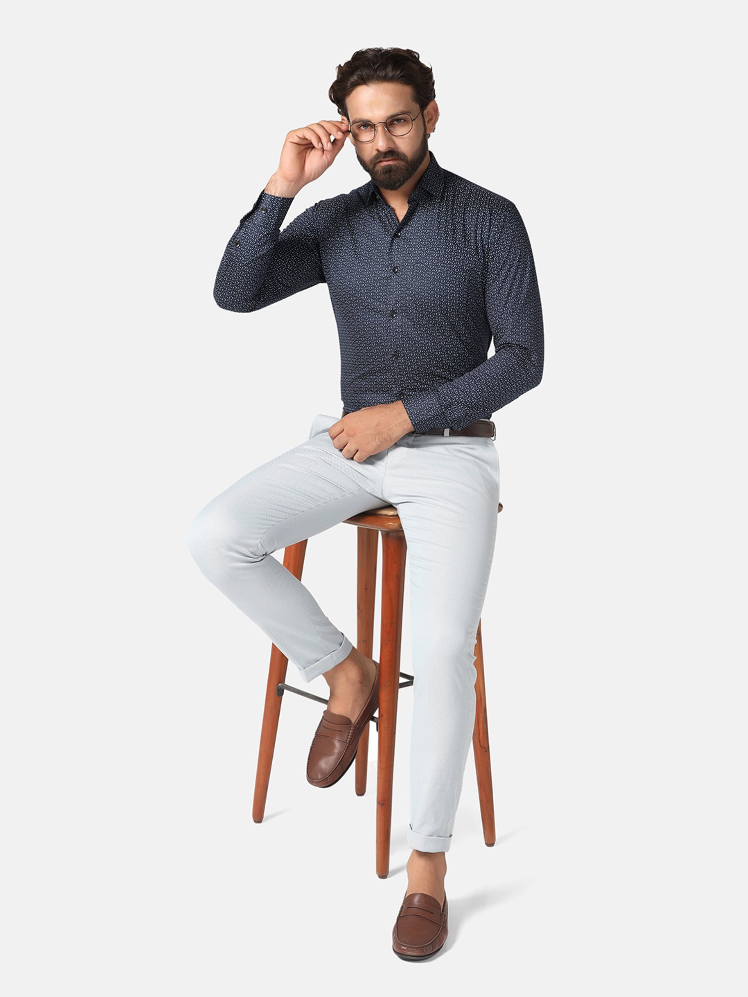 TAHVO Navy Slim Fit Printed Shirt