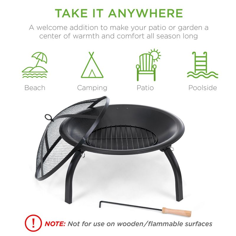 Best Choice Products 22in Fire Pit Bowl, Portable Folding Steel Outdoor Camping Accessory w/ Mesh Cover, Poker