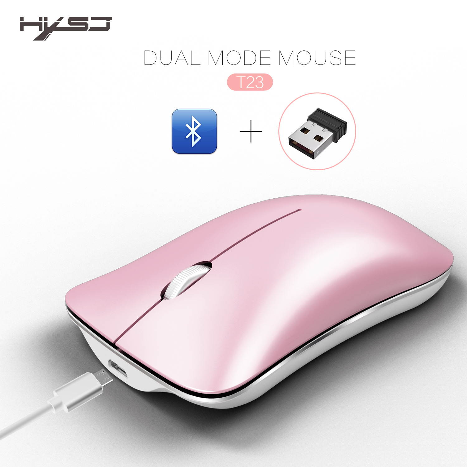 HXSJ T23 Wireless Mouse Ergonomic Rechargeable Bluetooth Mouse Magic Mute Ultra Slim USB 2.4G Optical Silent Mause for PC Xiaomi Macbook (Pink)