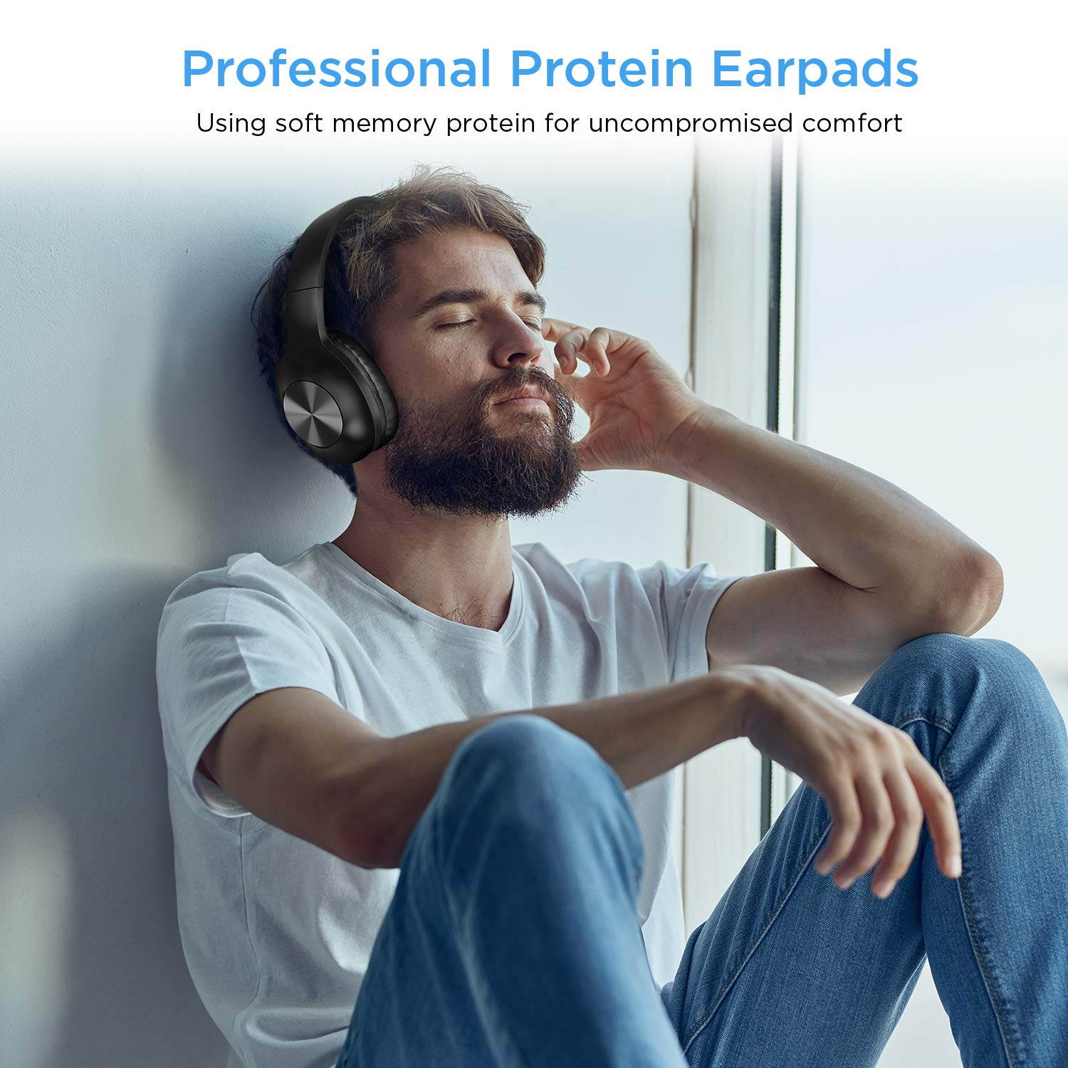 Bluetooth Headphones, Letscom Wireless Headphones Over Ear with Hi-Fi Sound Mic Deep Bass, 100 Hours Playtime and Soft Memory Protein Earpads for Travel Work TV PC Cellphone - Black