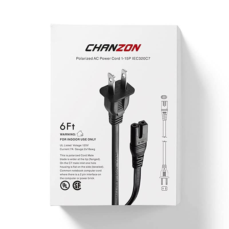 UL Listed  2 Slot 6Ft Polarized 7A AC Power Cord for Vizio E-M-Series HDTV,Sharp,Smart LED TV,Sony PS1 PS2 (2 Prong NEMA-1-15P to IEC320-C7 Plug) Universal Replacement Wall Cable