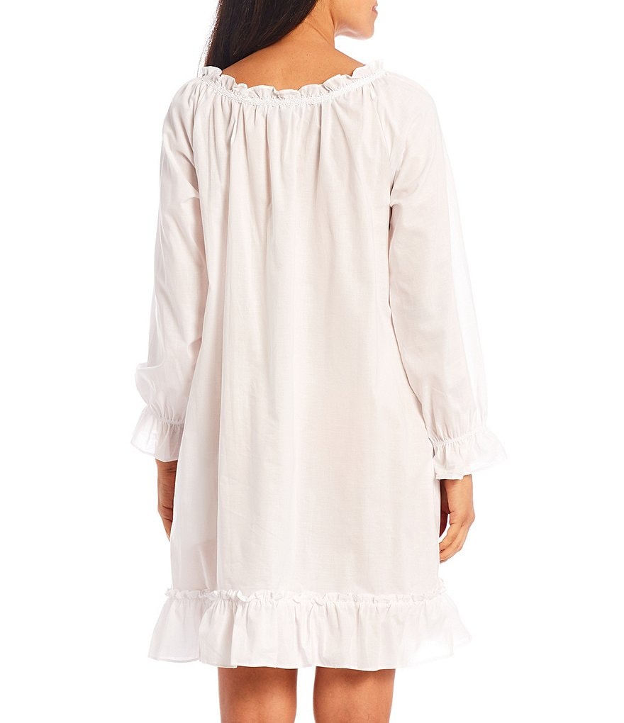 Eileen West Solid Woven Lawn Ruffle Round Neck Long Balloon Cuff Sleeve Self-Tie Drawstring Short Nightgown