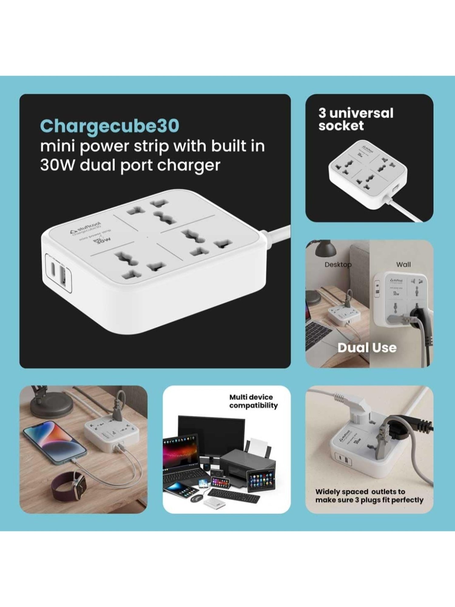 Stuffcool ChargeCube 30 Mini Surge Protector with 3 AC Ports and 30W Dual Port Type C (White)