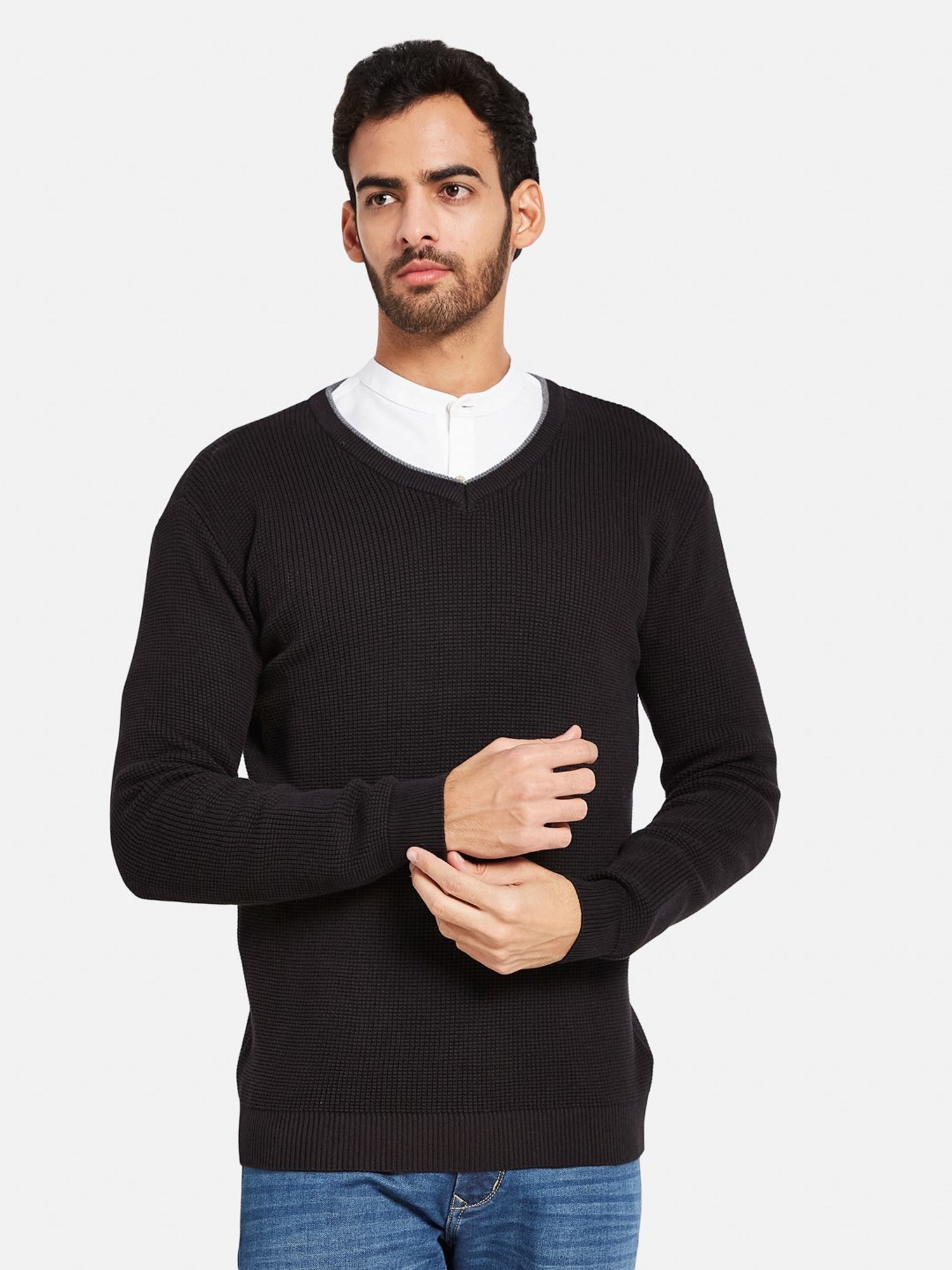 METTLE Black Cotton Regular Fit Sweater