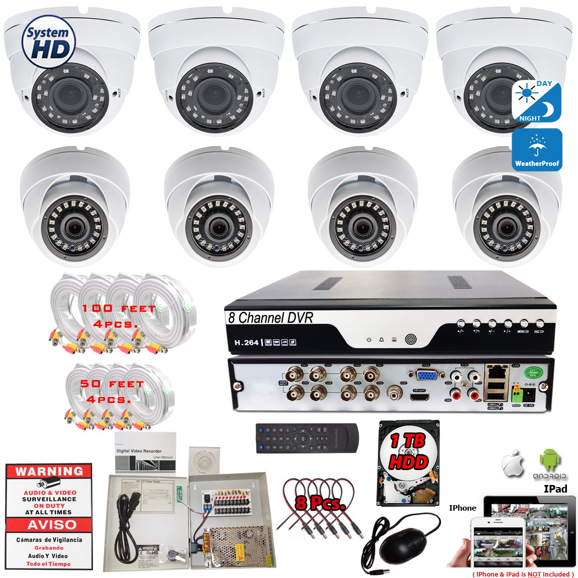 Evertech 8 Channel High-Definition DVR with 8 pcs 1080p HD Dome Cameras 1TB HDD Security Surveillance System