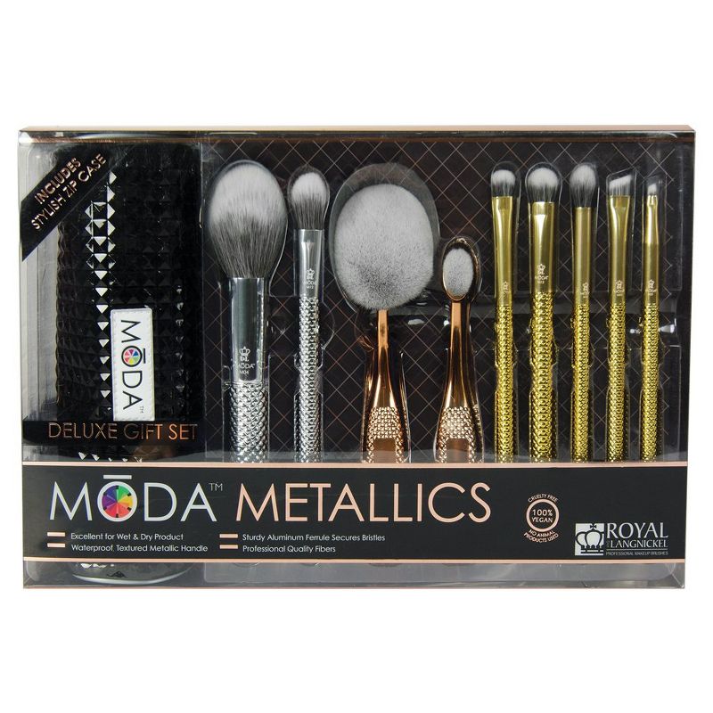 MODA Brush Metallics 10pc Deluxe Gift Makeup Brush Set with Black Studded Zip Case