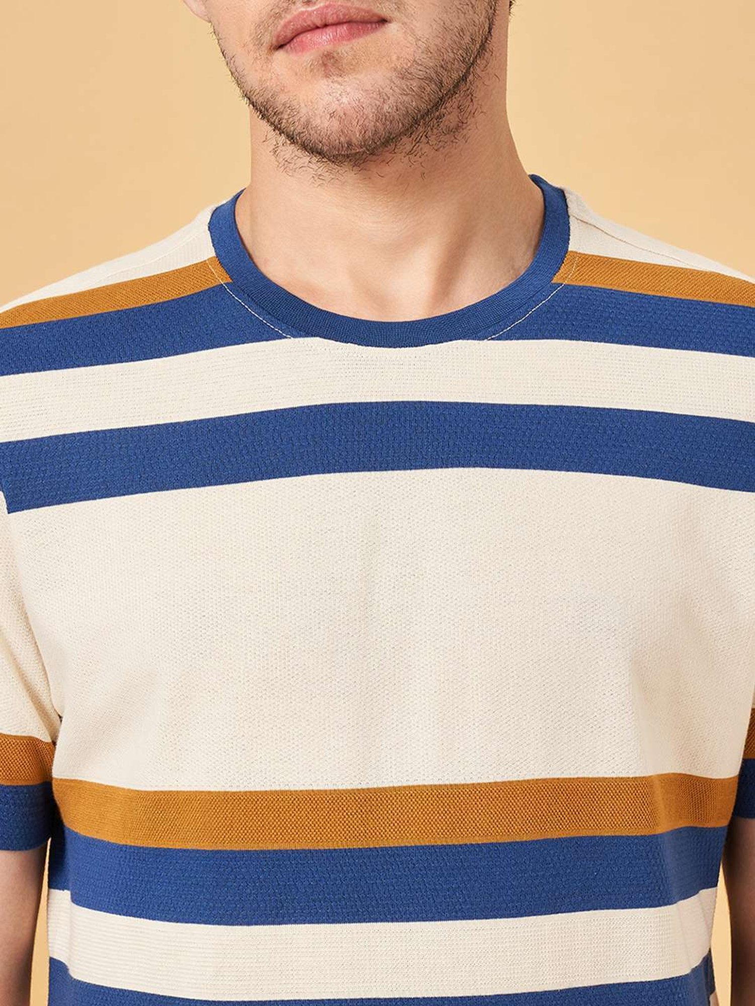 SF Jeans by Pantaloons Mustard Cotton Slim Fit Striped T-Shirt