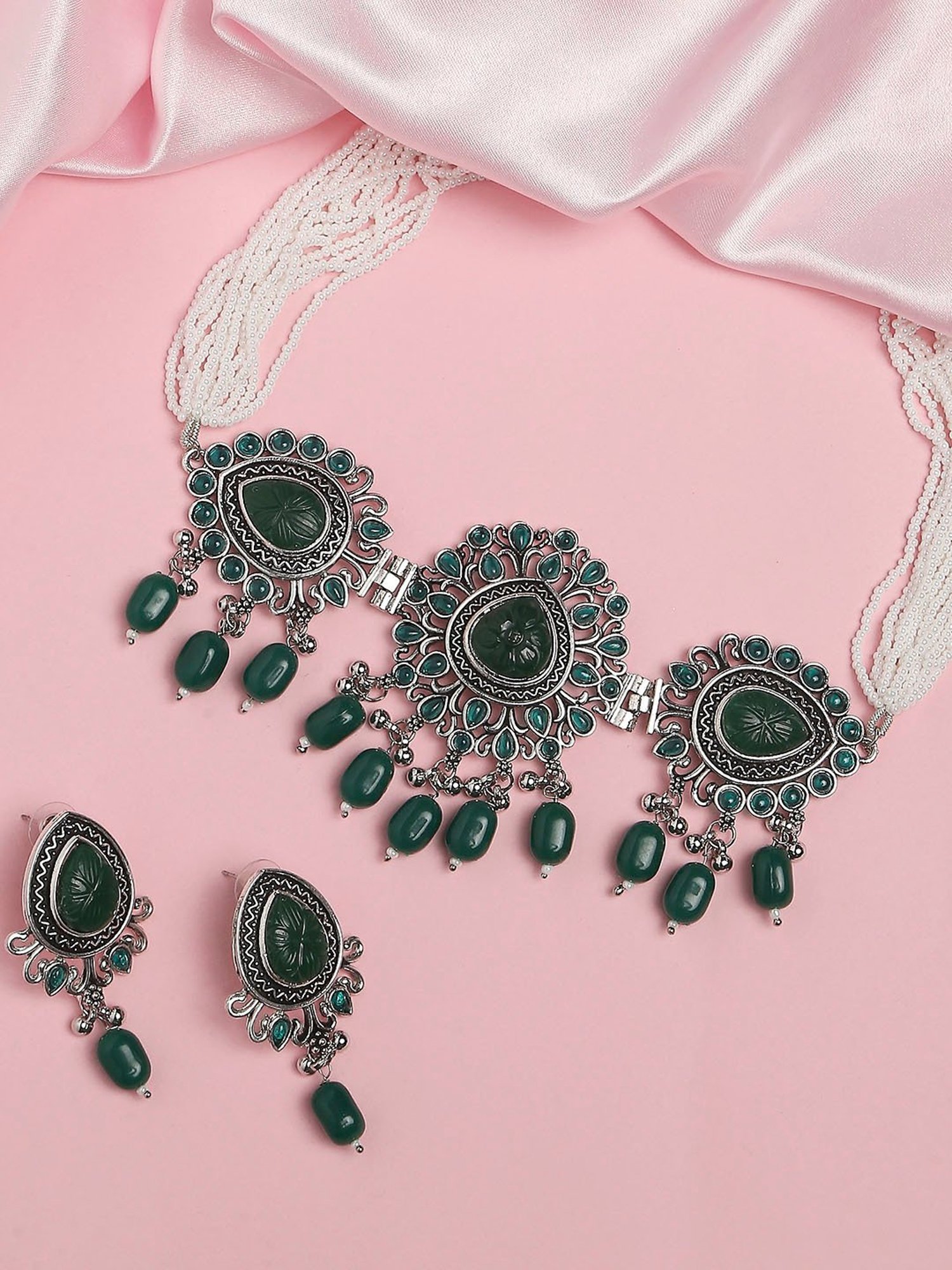 OOMPH Oxidized Silver Tone Maroon Pink Jaipur Stone Choker Necklace Set with Drop Earrings