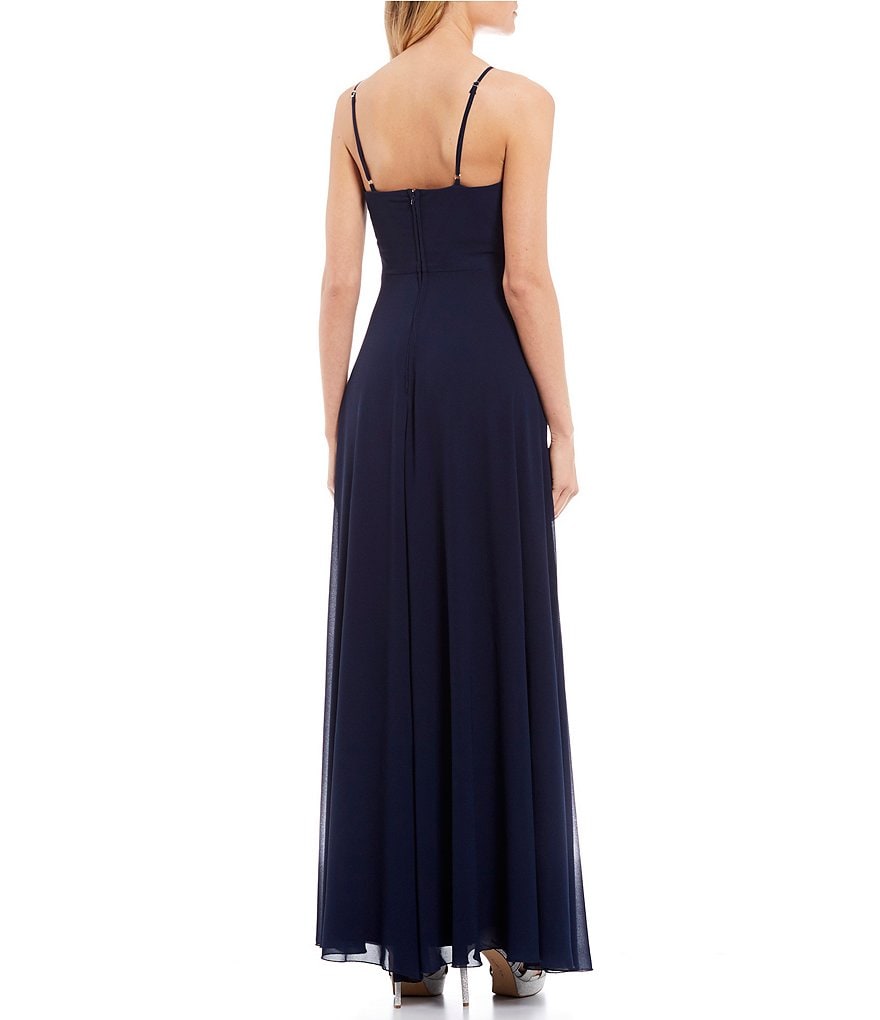 Teeze Me Spaghetti Strap Side Slit Ruffle Draped Long Dress